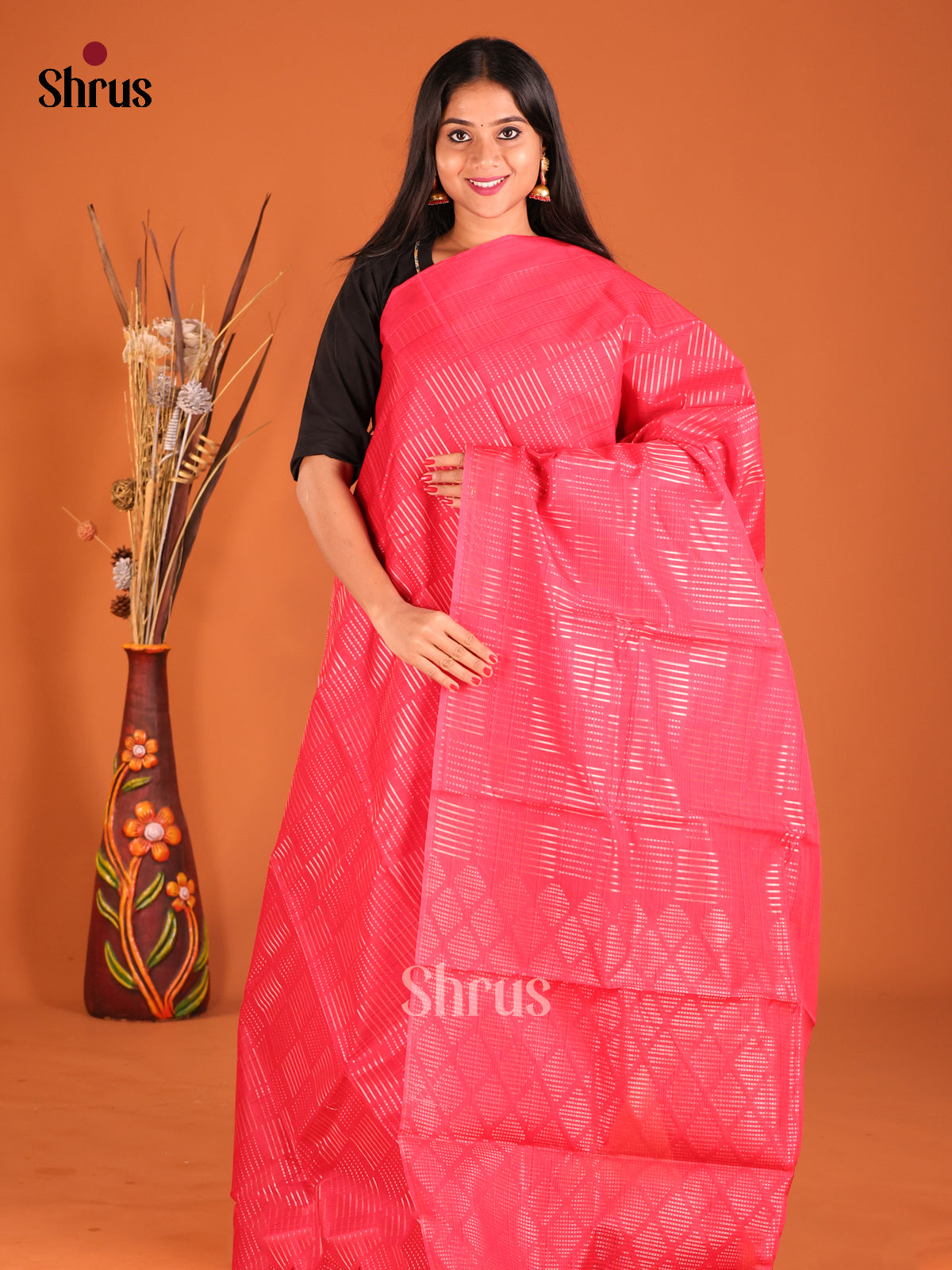 Pink Borderless Silk Cotton Saree with zari stripes 