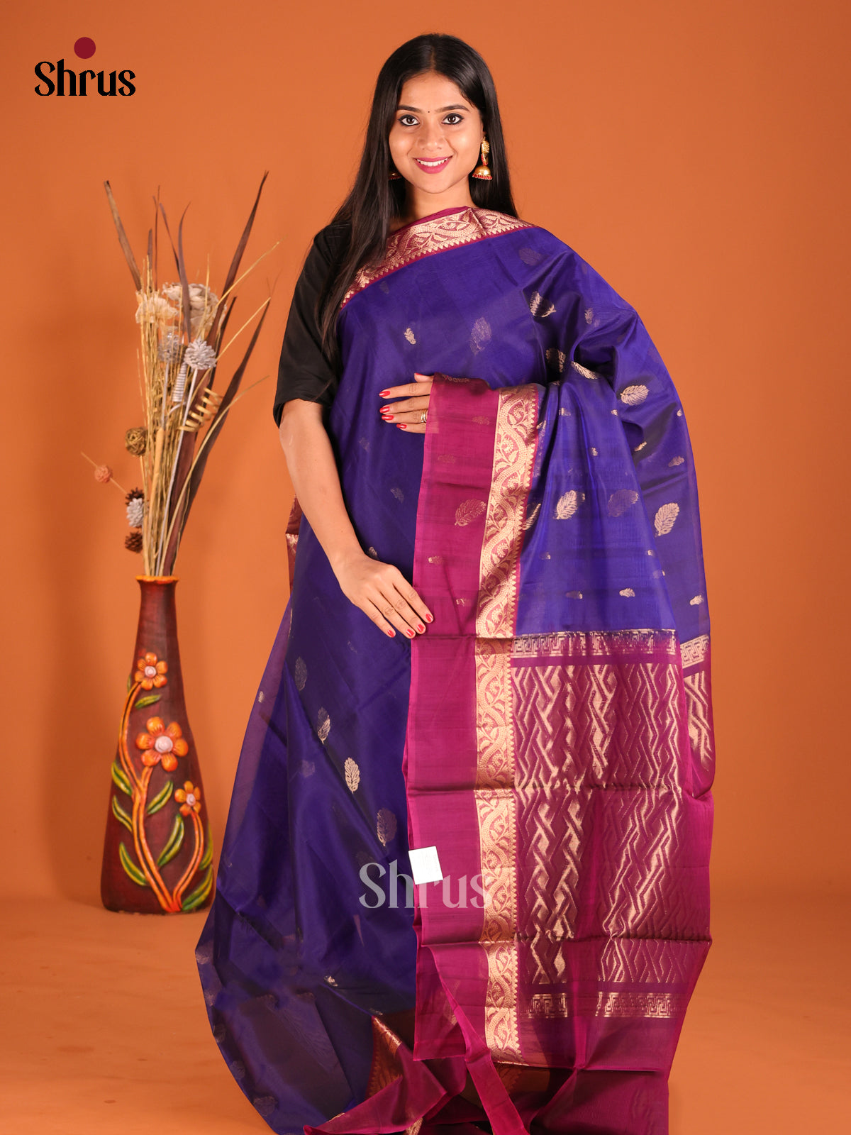 Blue & Maroon Silk Cotton Saree with contrats Zari brocade pallu 