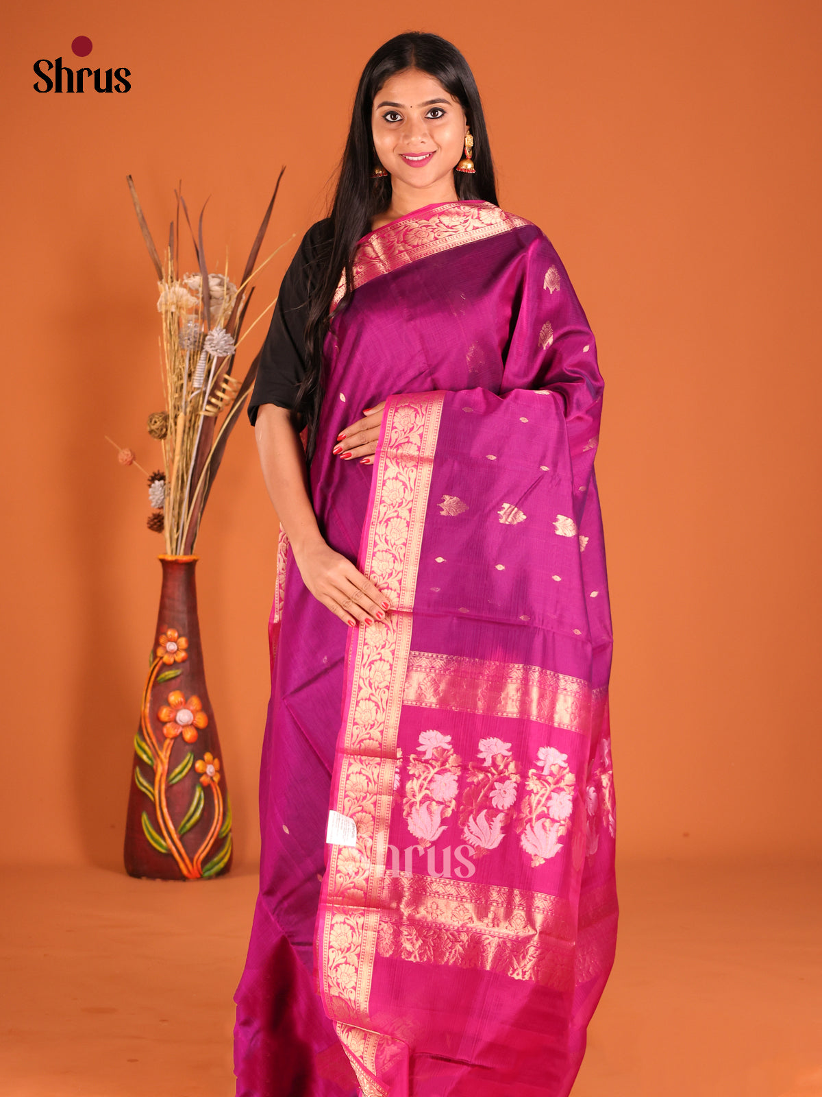Purple & Majenta Silk Cotton Saree gleams with zari floral buttas