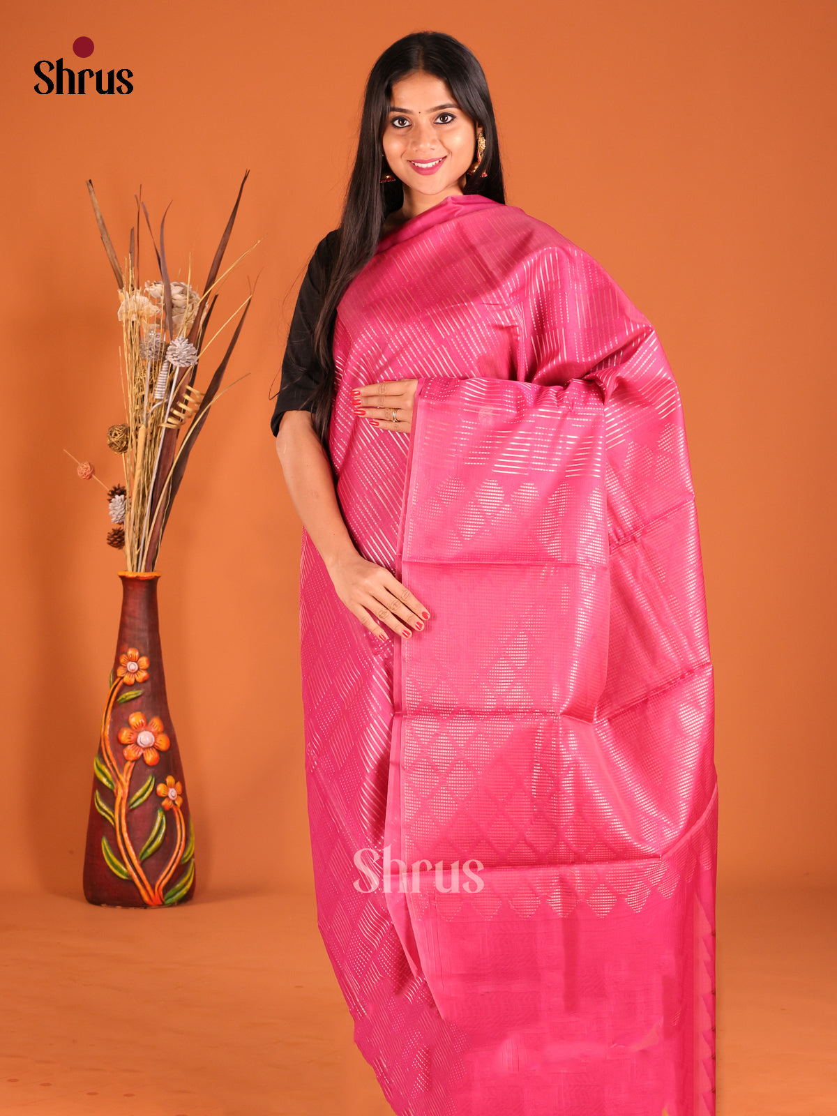 Pink Single Tone Silk Cotton Saree with zari brocade pallu