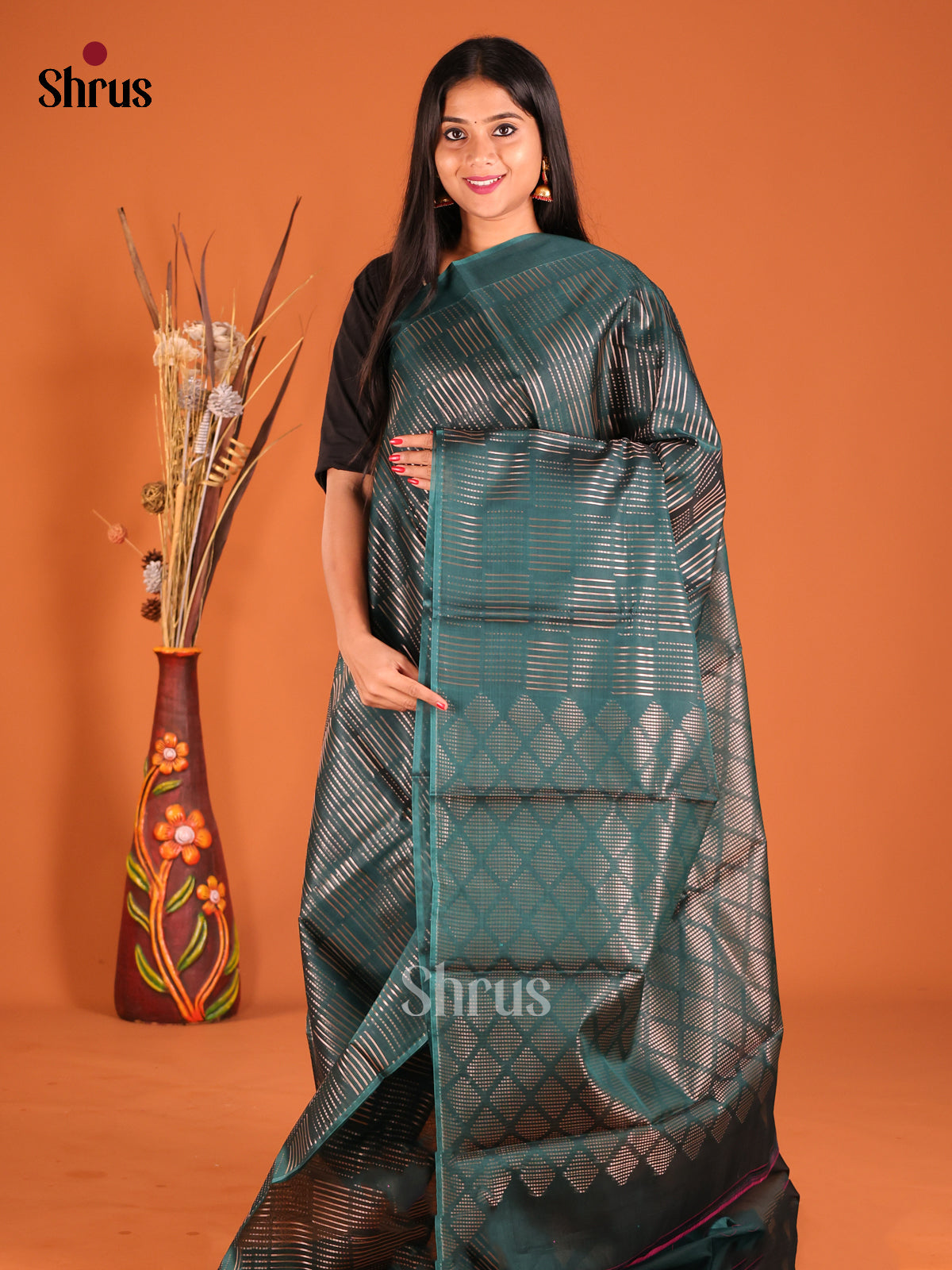 Peacock Green Silk Cotton Saree with zari stripes 
