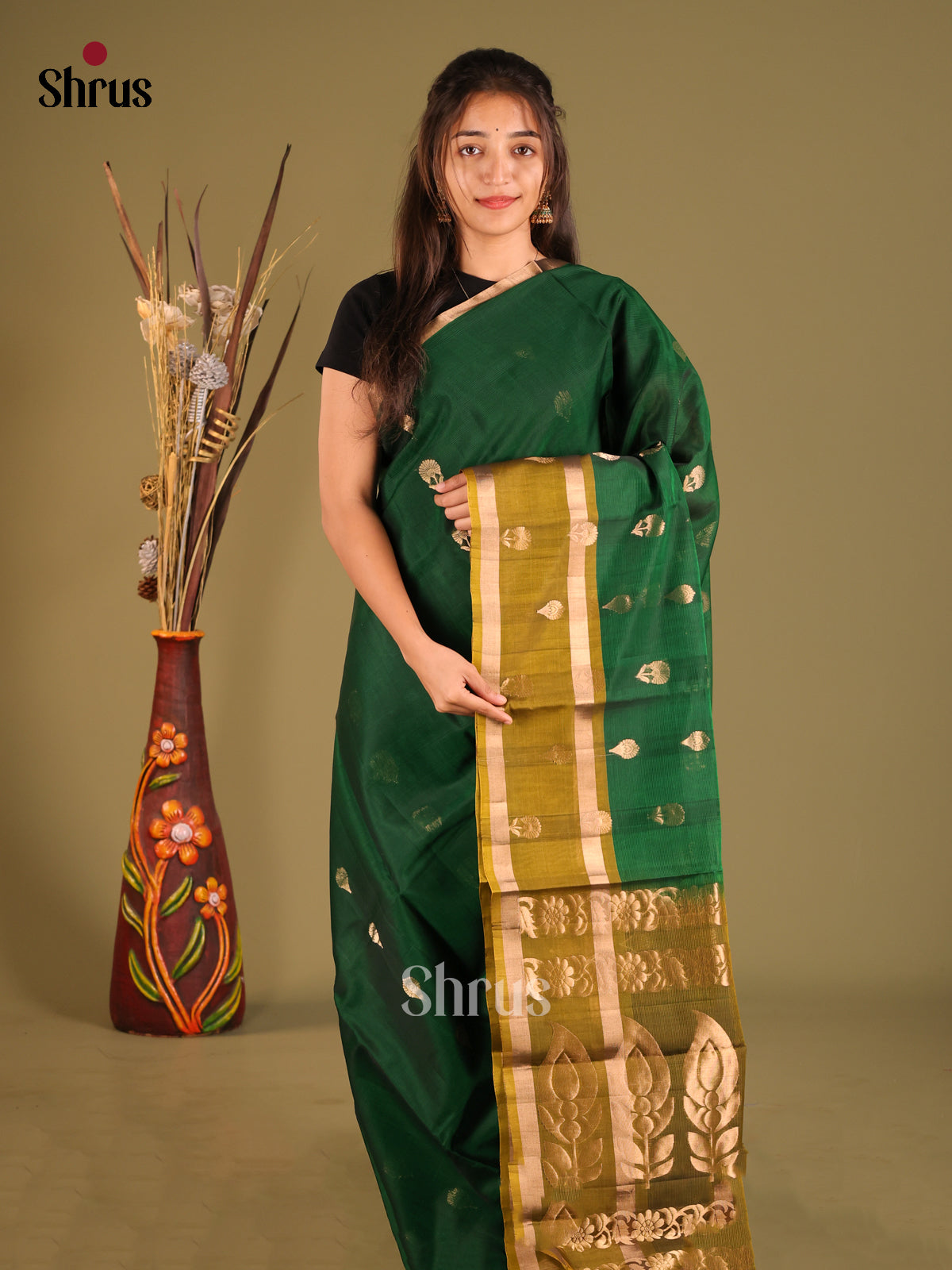 Green & Mehandi  Silk Cotton Saree with rettaipet zari border 