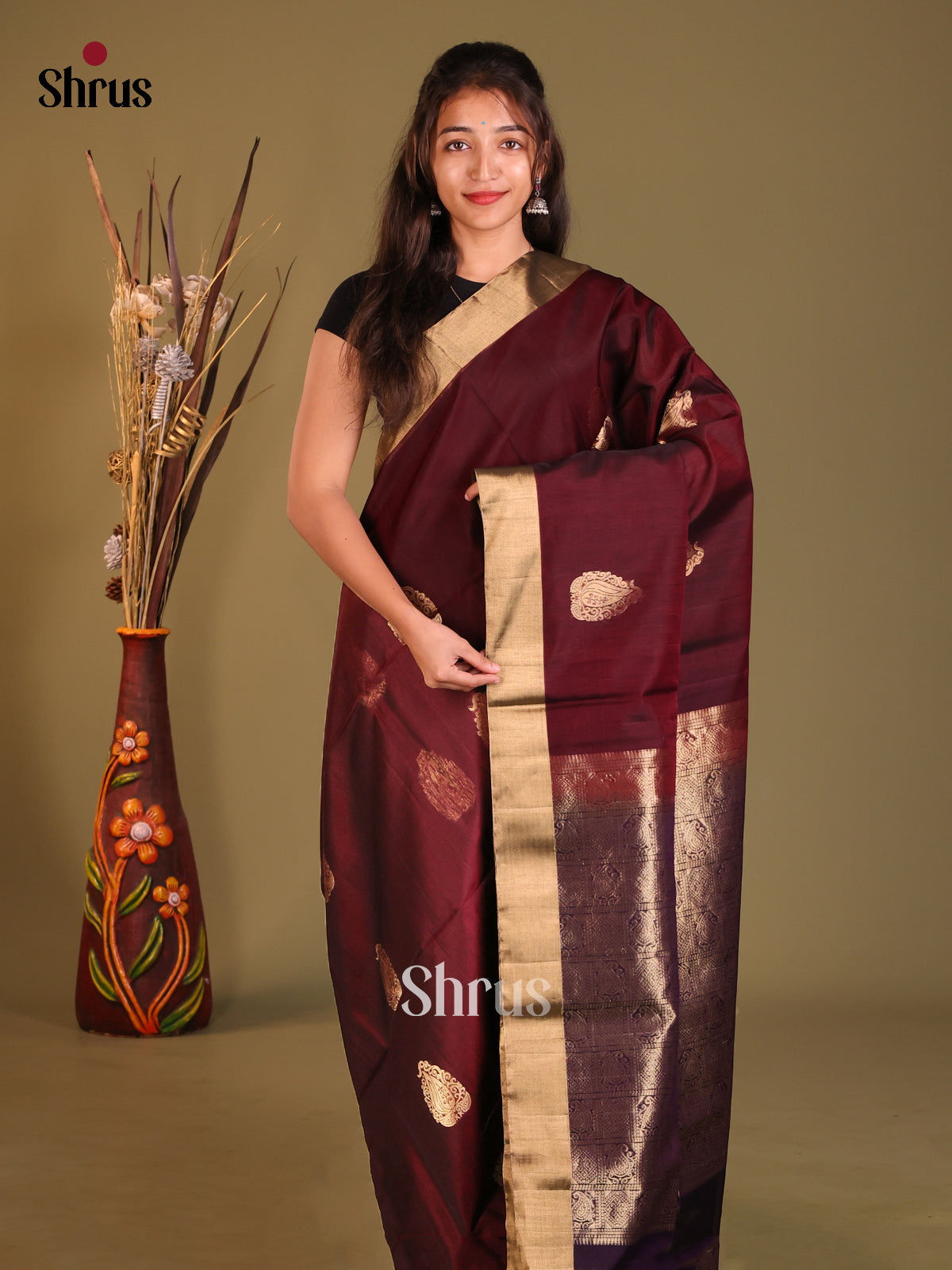 Maroon & Purple Silk Cotton Saree with zari floral motifs - Shop on Shrus.com