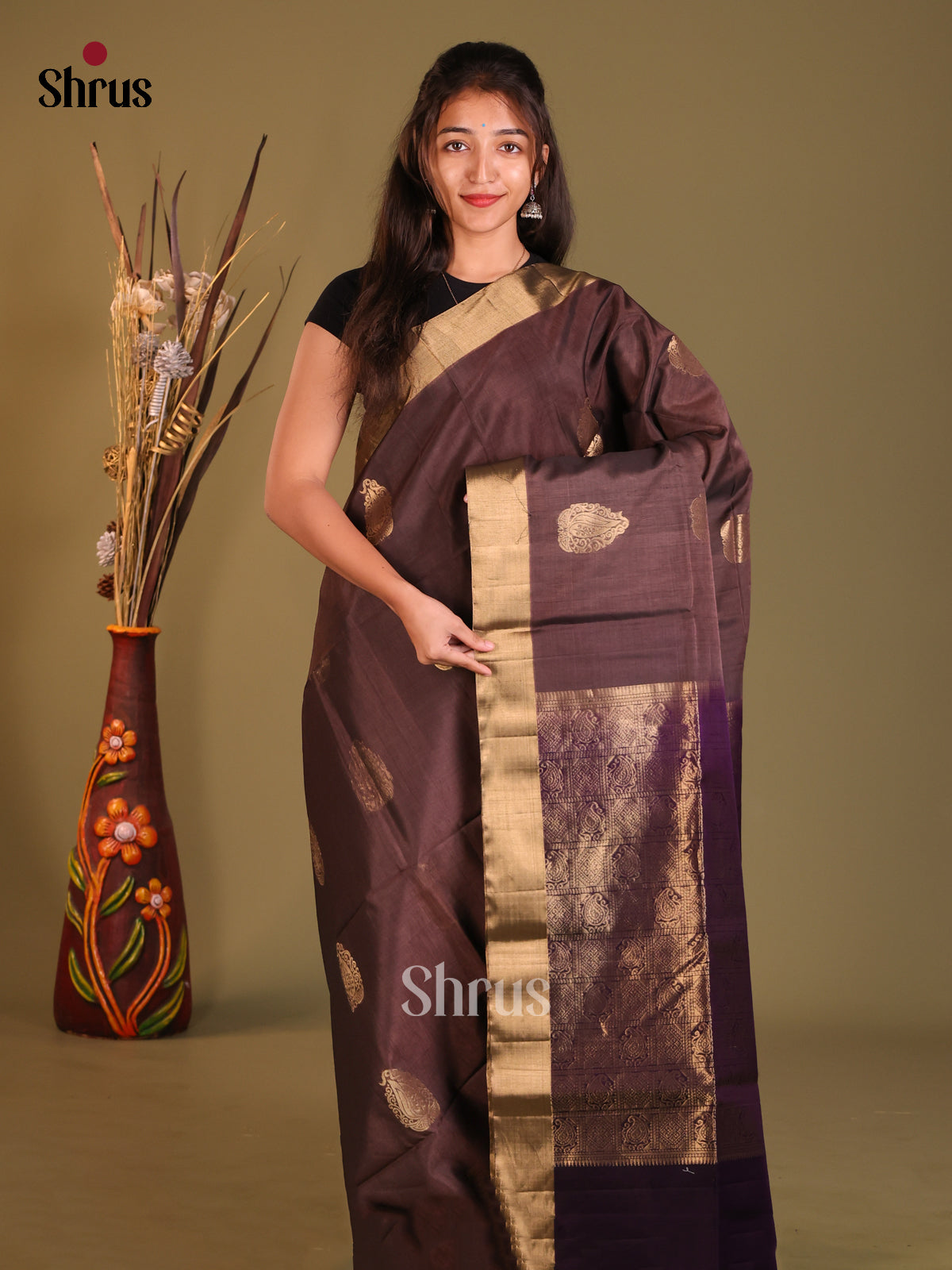 Brown & Violet Silk Cotton Saree with zari floral motifs