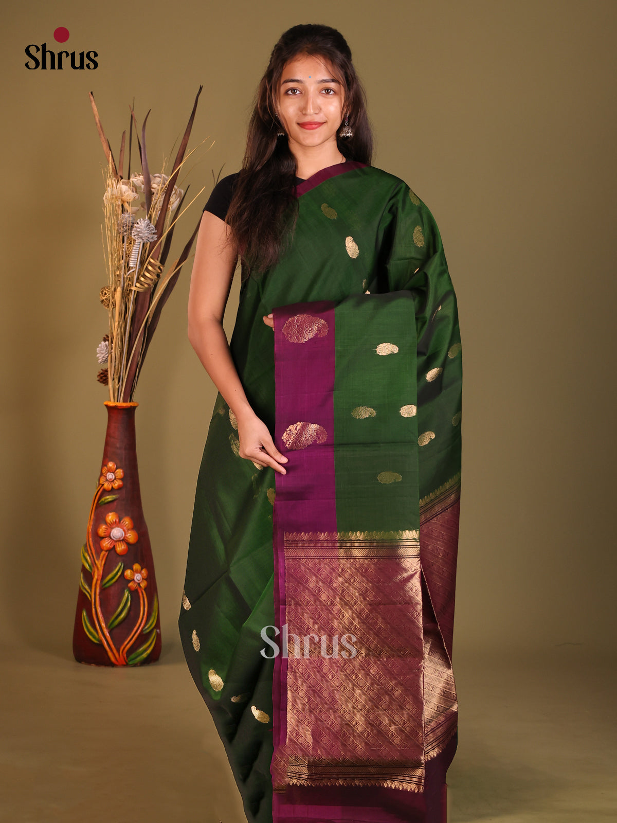 Green & Purple Silk Cotton Saree with zari manga buttas - Shop on Shrus.com