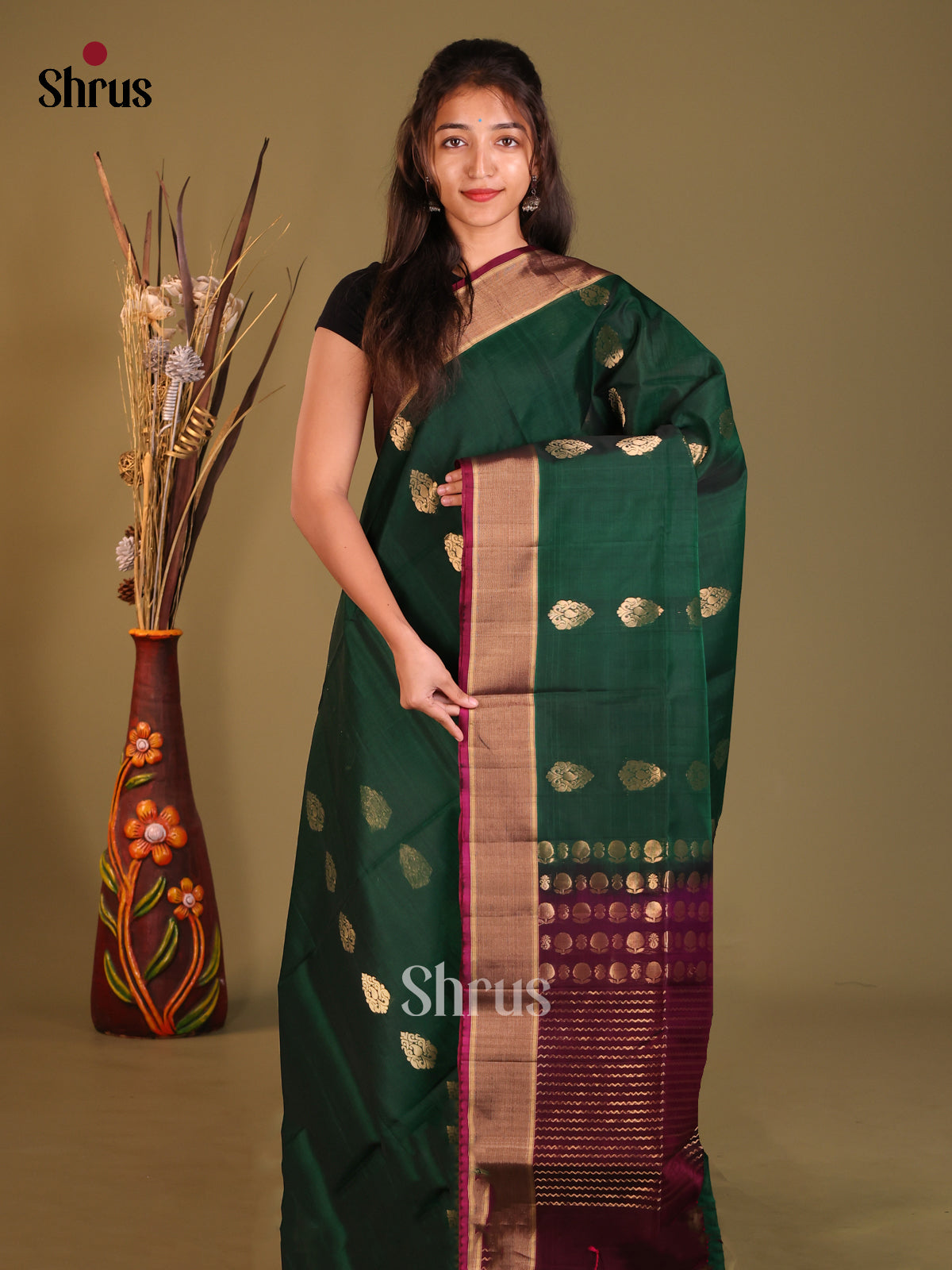 Green & Maroon  Silk Cotton Saree gleams with zari floral buttas - Shop on Shrus.com