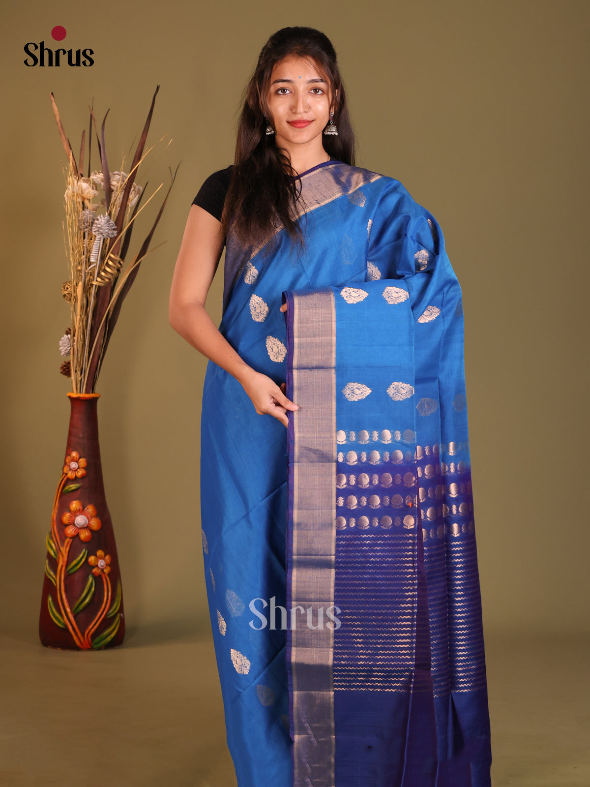 Ink Blue & Blue Silk Cotton Saree with zari floral buttas