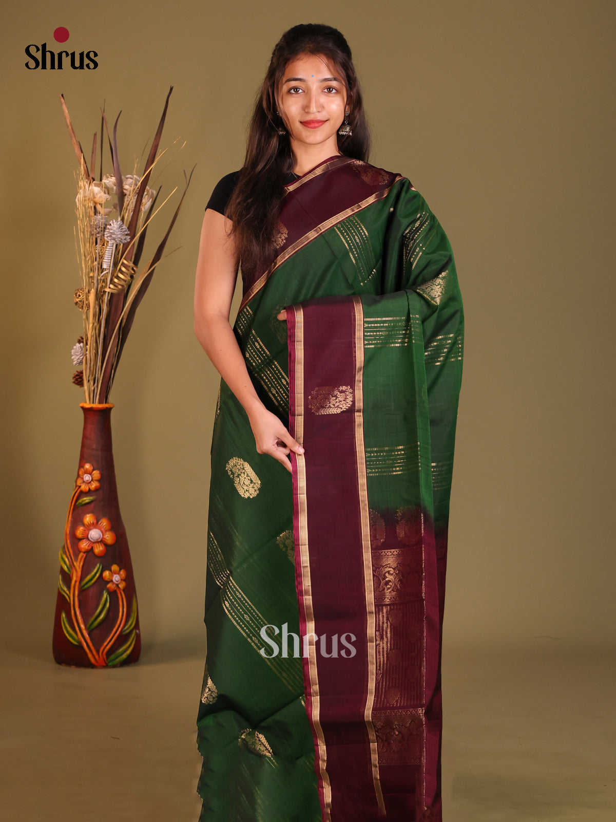 Green & Maroon Silk Cotton Saree with zari stripes, paisley motifs - Shop on Shrus.com
