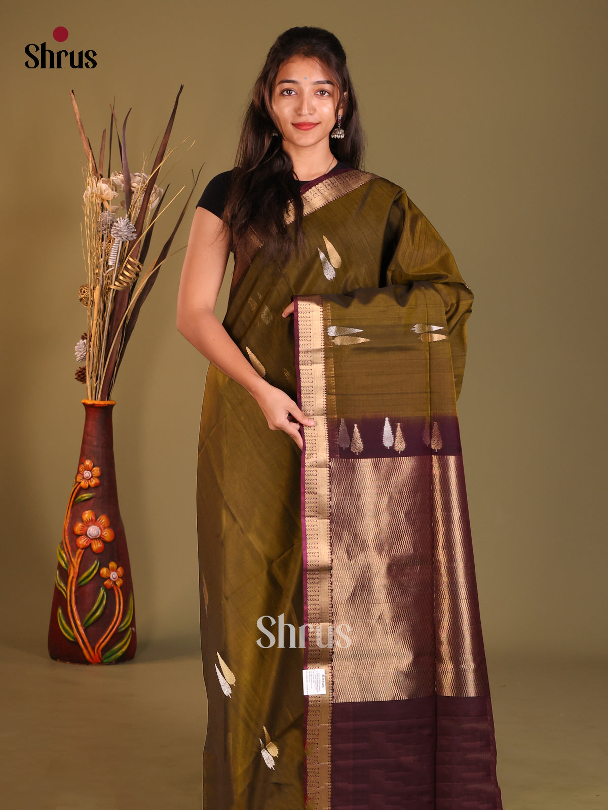 Mehandi & Maroon Silk Cotton Saree with gold, silver zari buttas - Shop on Shrus.com
