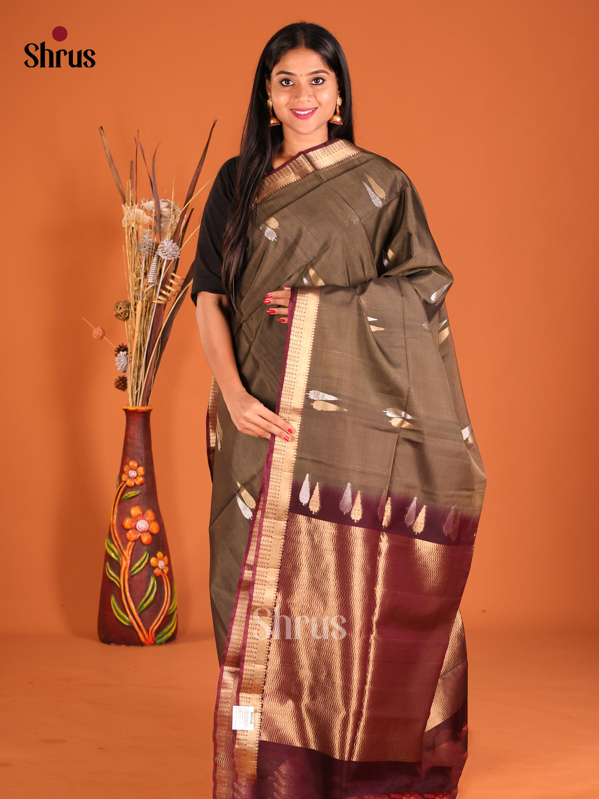 Grey & Maroon Silk Cotton Saree with gold, silver zari buttas - Shop on Shrus.com