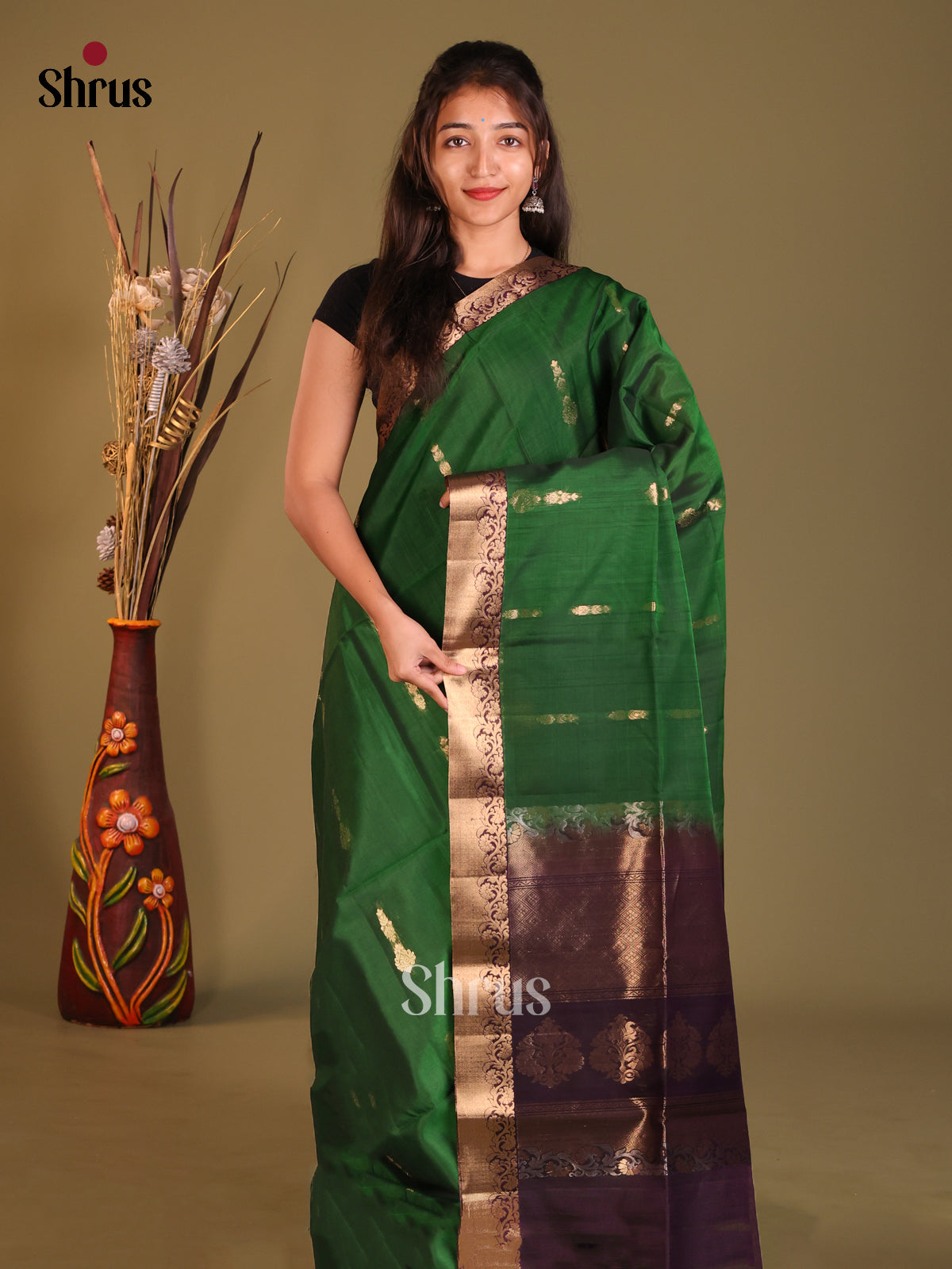 Green & Brown Silk Cotton Saree with rich contrast zari border - Shop on Shrus.com
