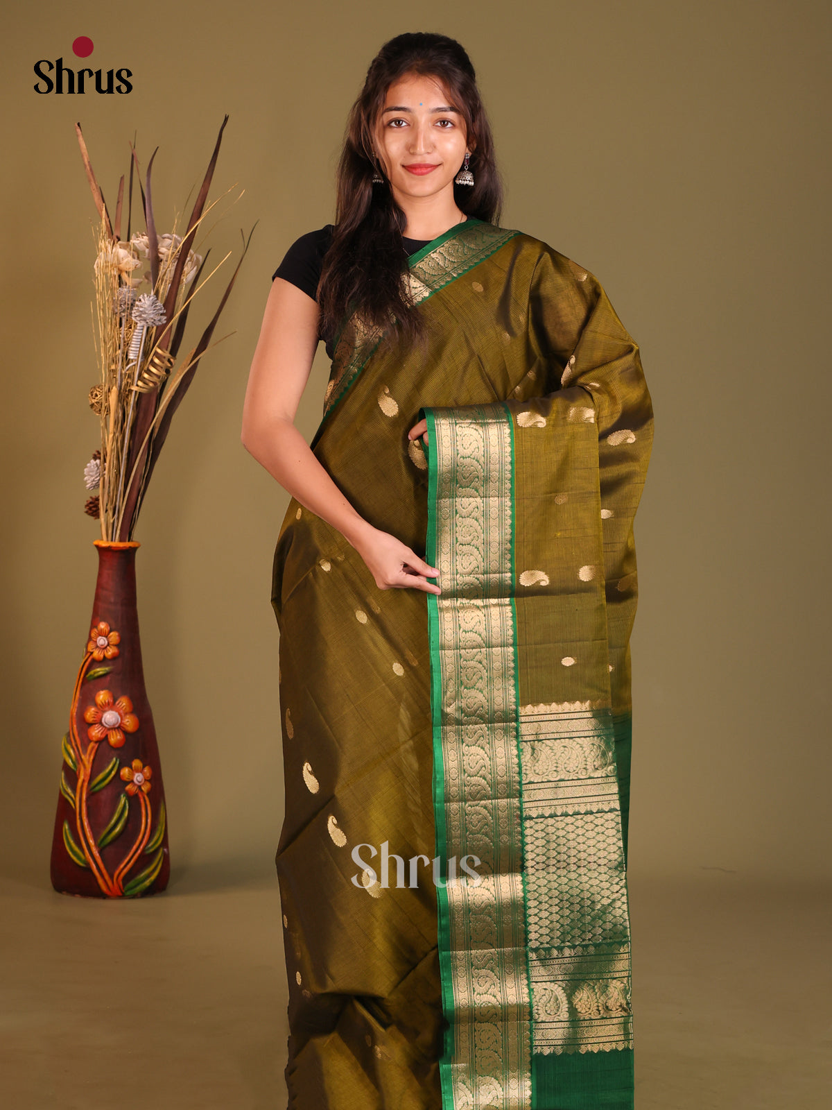 Mehandi & Green Silk Cotton Saree with gold zari manga buttas - Shop on Shrus.com