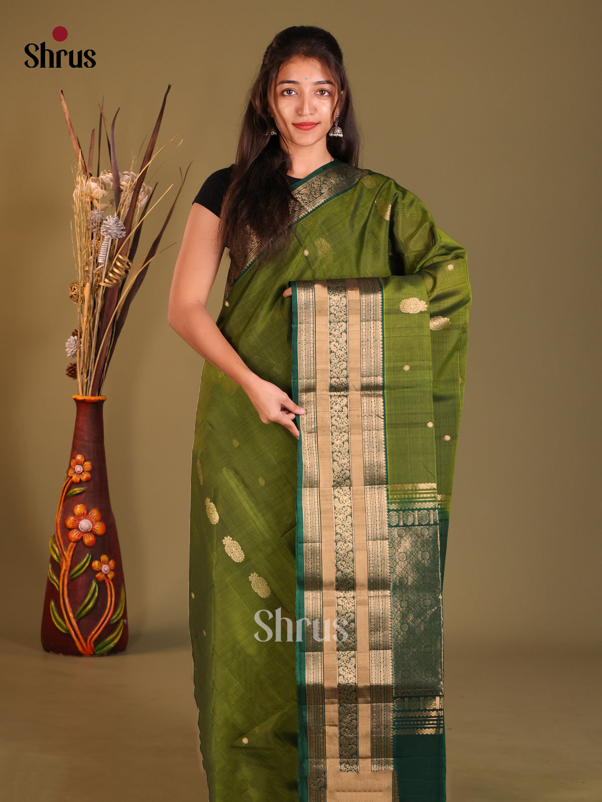 Paasi Green & Green Silk Cotton Saree with gold zari buttas - Shop on Shrus.com
