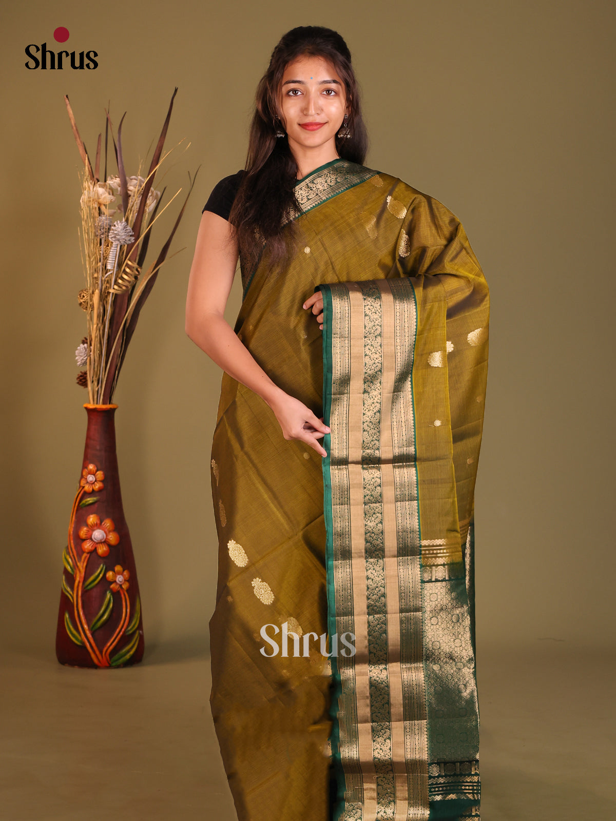 Mehandi & Green Silk Cotton Saree with rich zari brocade pallu - Shop on Shrus.com