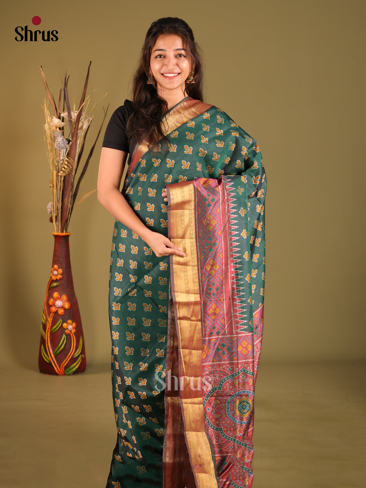 Green & Brown - Semi Patola Saree - Shop on Shrus.com