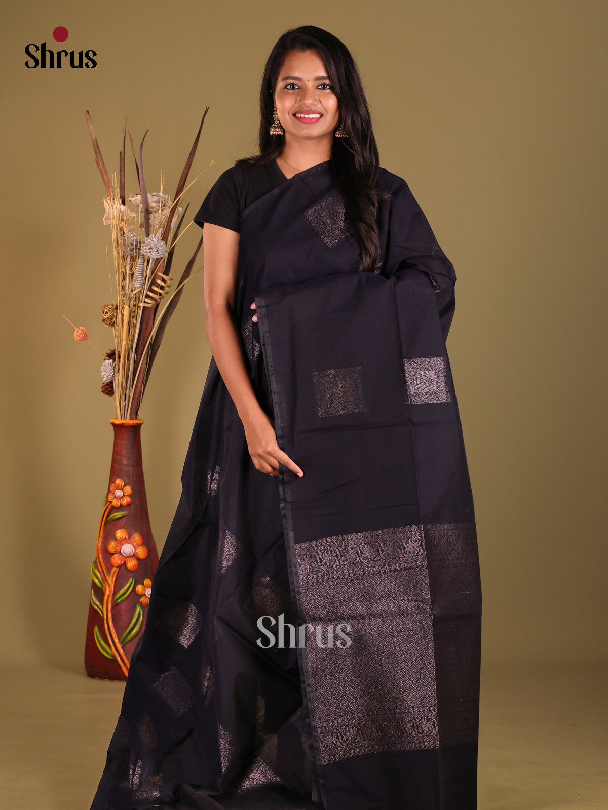 Navy Blue - Semi Silkcotton Saree - Shop on Shrus.com