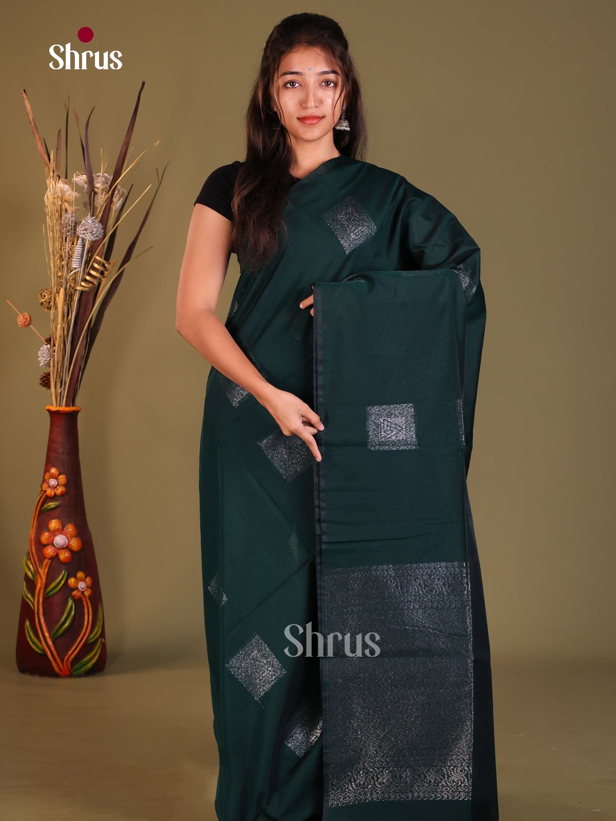 Green- Semi Silkcotton Saree - Shop on Shrus.com