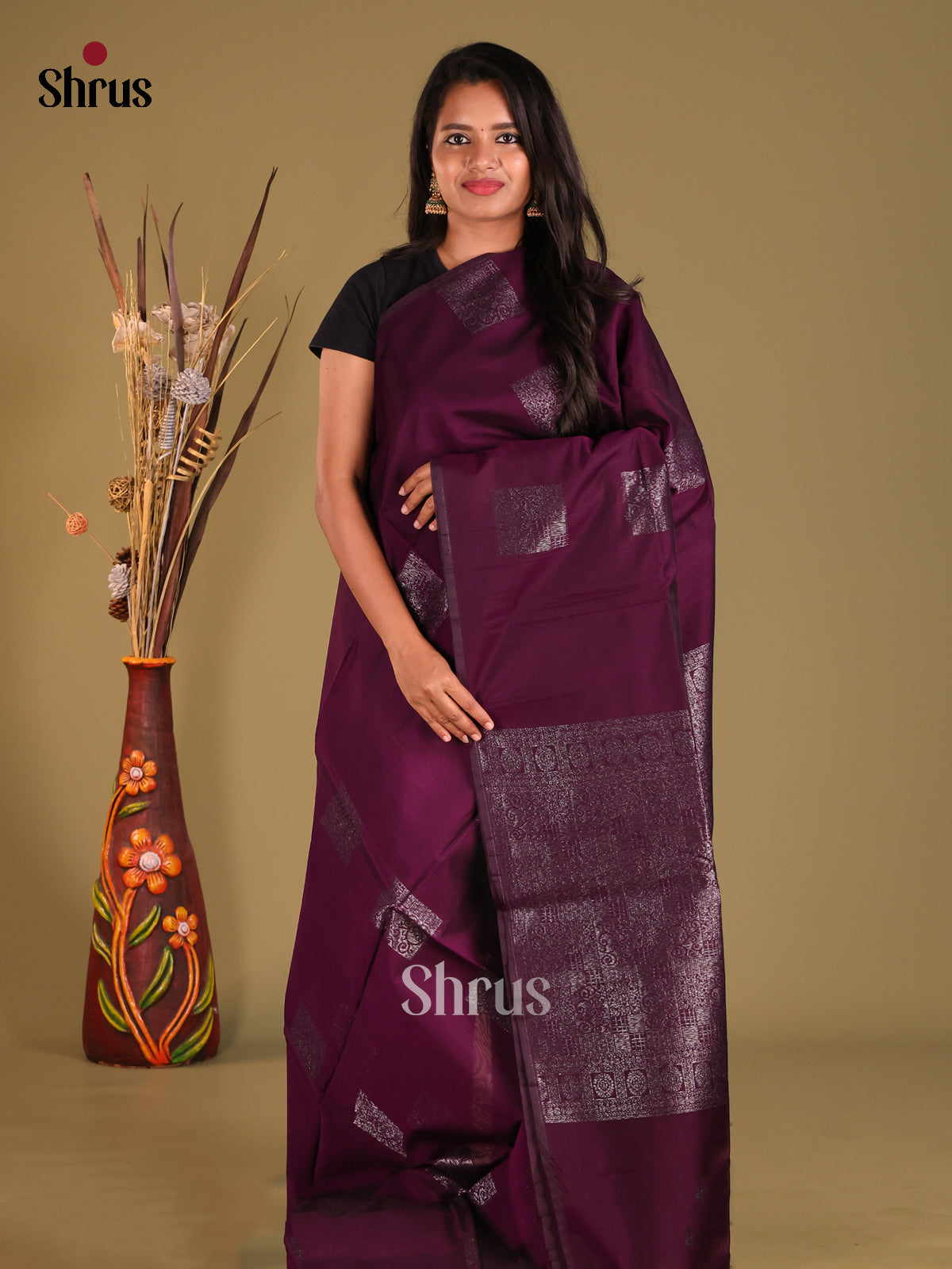 Wine - Semi Silkcotton Saree - Shop on Shrus.com