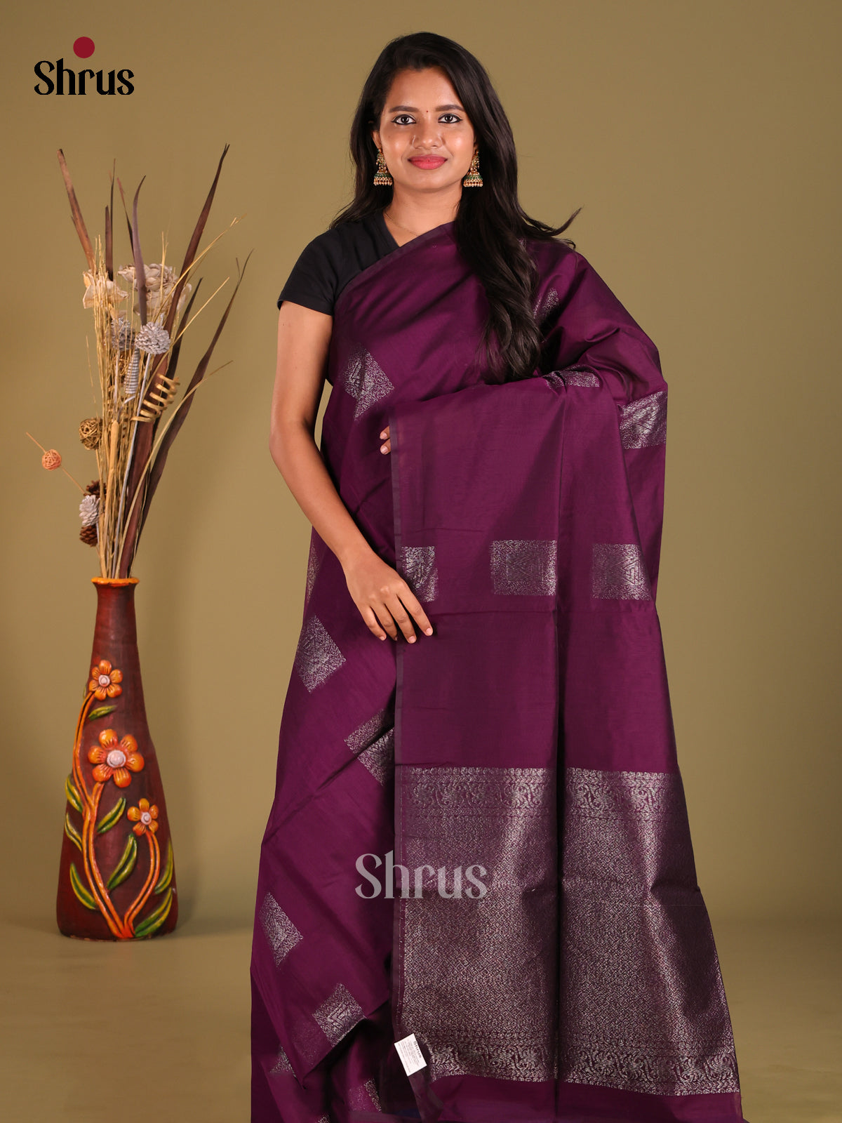 Wine - Semi Silkcotton Saree - Shop on Shrus.com