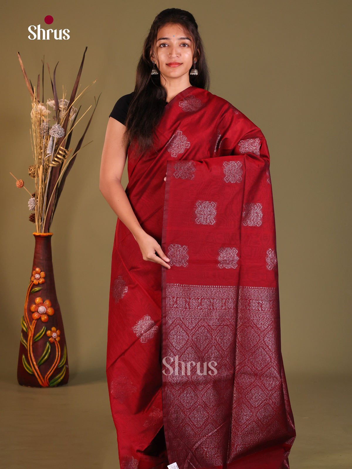 Maroon - Semi Silkcotton Saree - Shop on Shrus.com