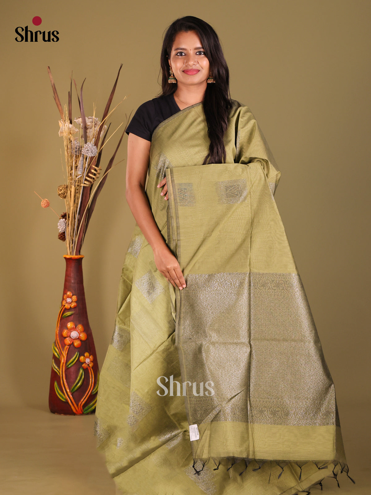 Olive Green - Semi Silkcotton Saree - Shop on Shrus.com