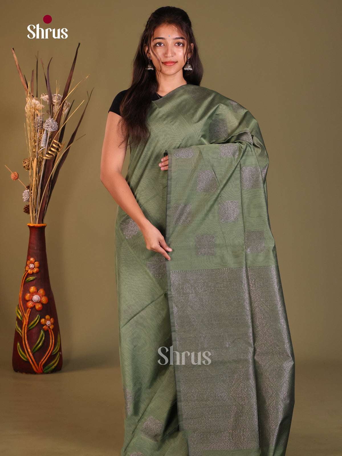 Pastel Green- Semi Silkcotton Saree - Shop on Shrus.com
