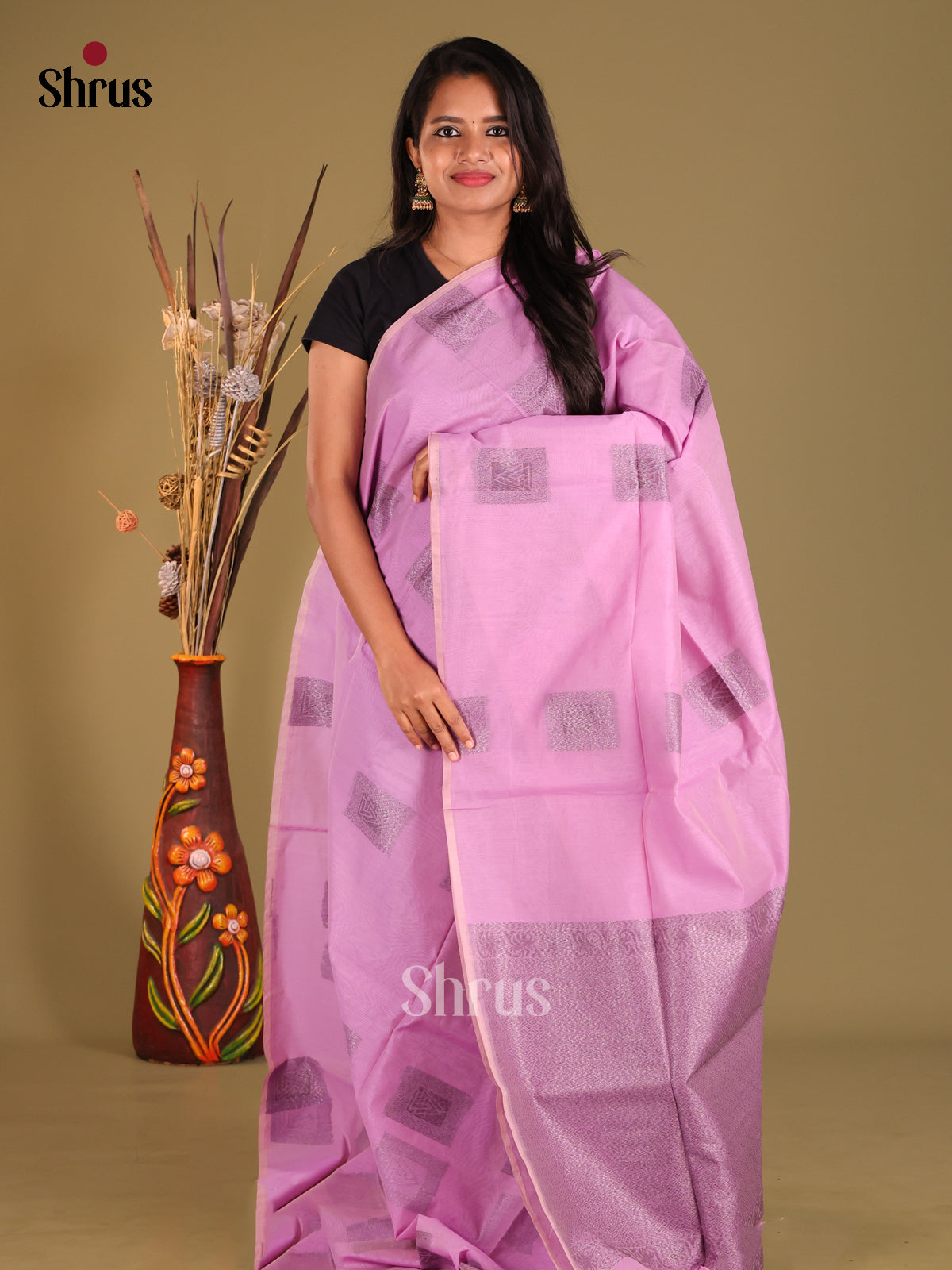 Pink - Semi Silkcotton Saree - Shop on Shrus.com