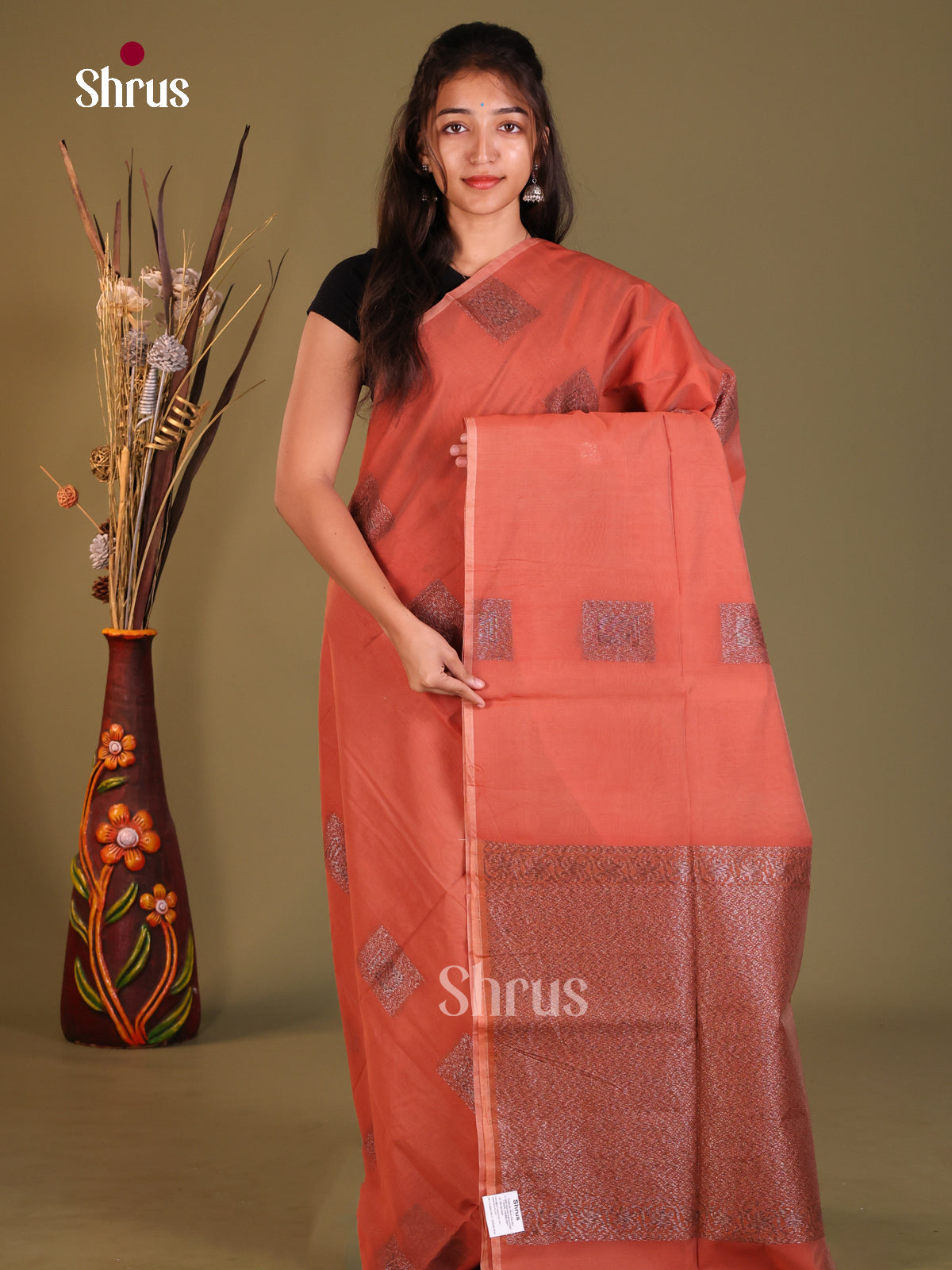 Rust - Semi Silkcotton Saree - Shop on Shrus.com