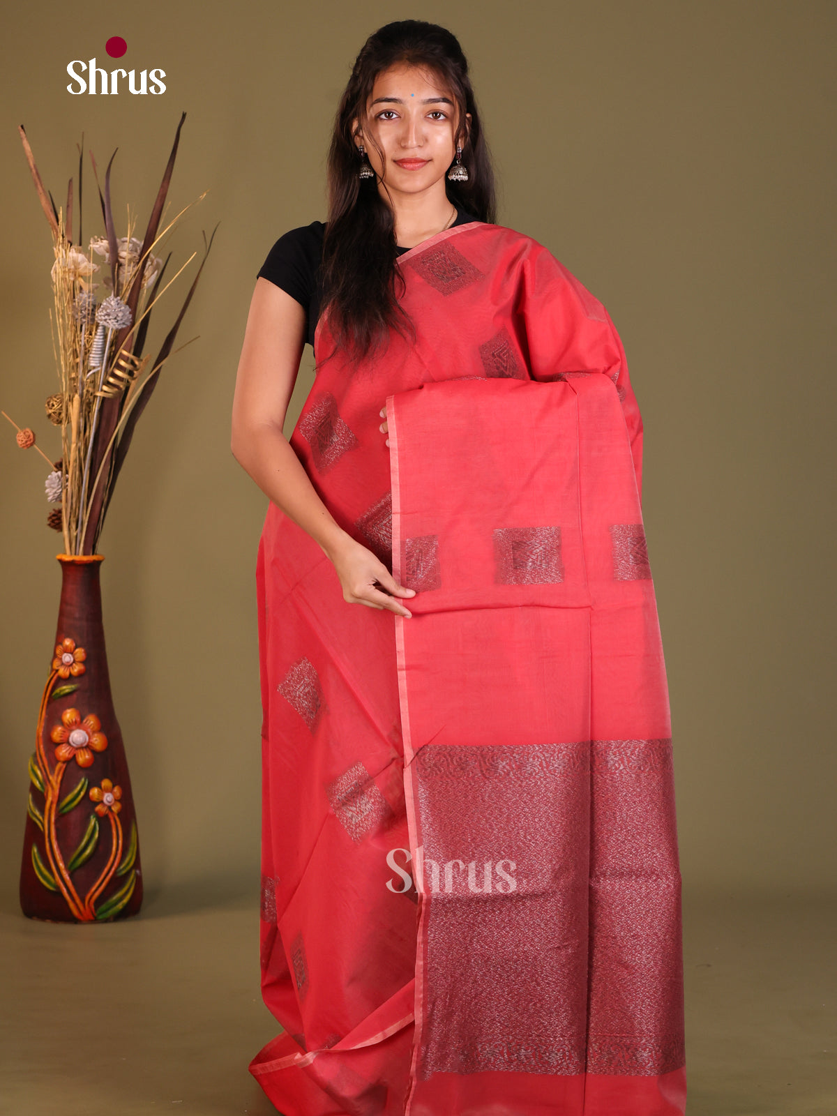 Red - Semi Silkcotton Saree - Shop on Shrus.com