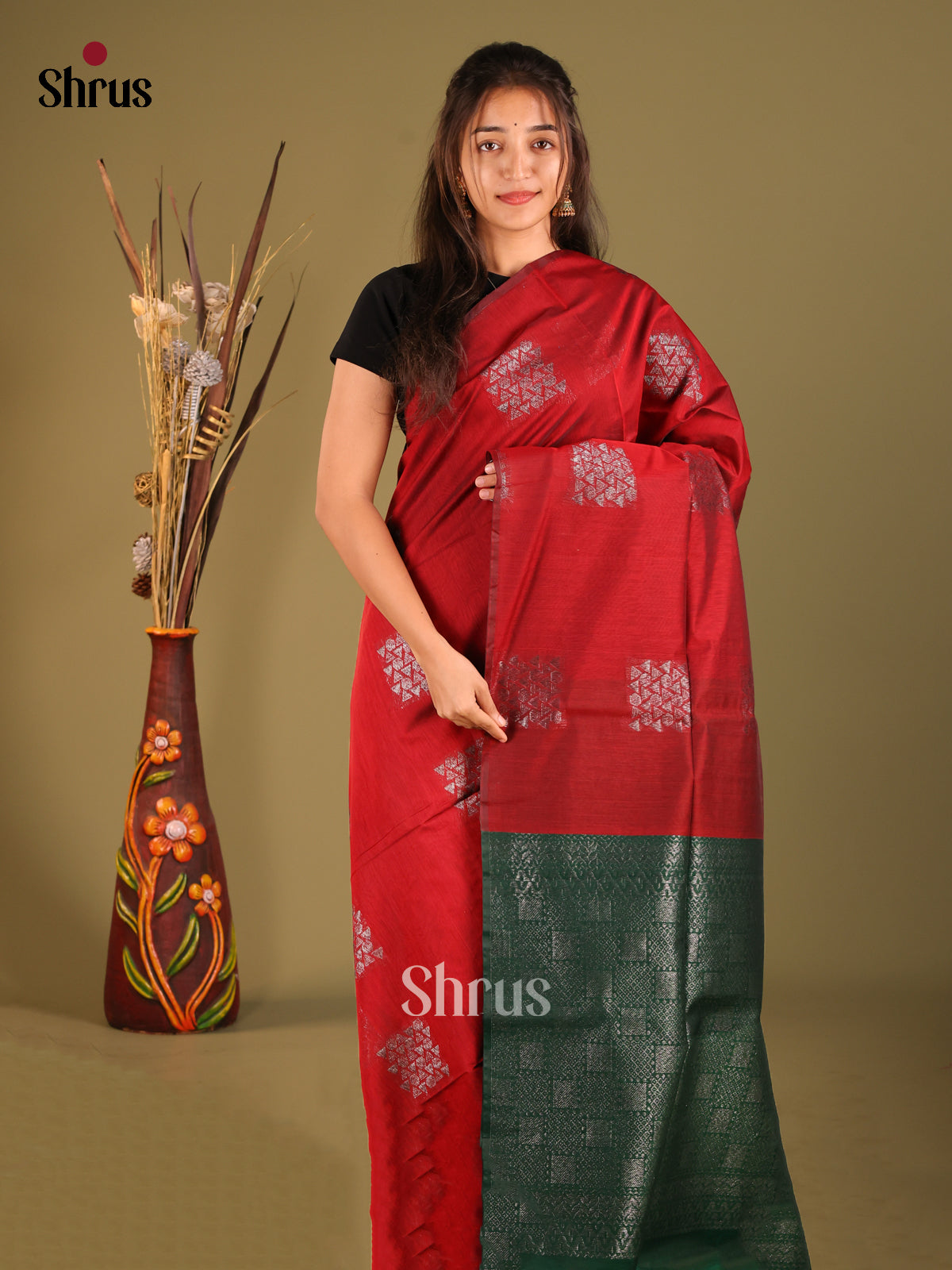 Maroon & Green - Semi Silkcotton Saree - Shop on Shrus.com