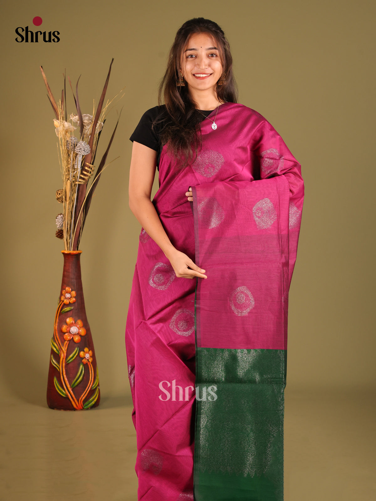 Purple & Green - Semi Silkcotton Saree - Shop on Shrus.com