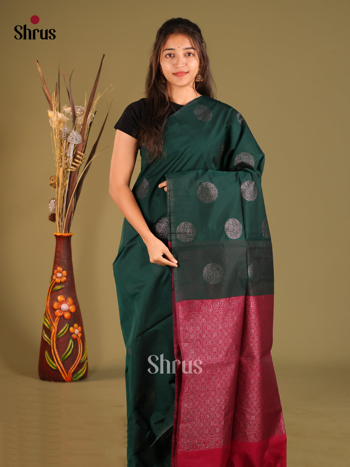 Green &  Maroon- Semi Silkcotton Saree - Shop on Shrus.com