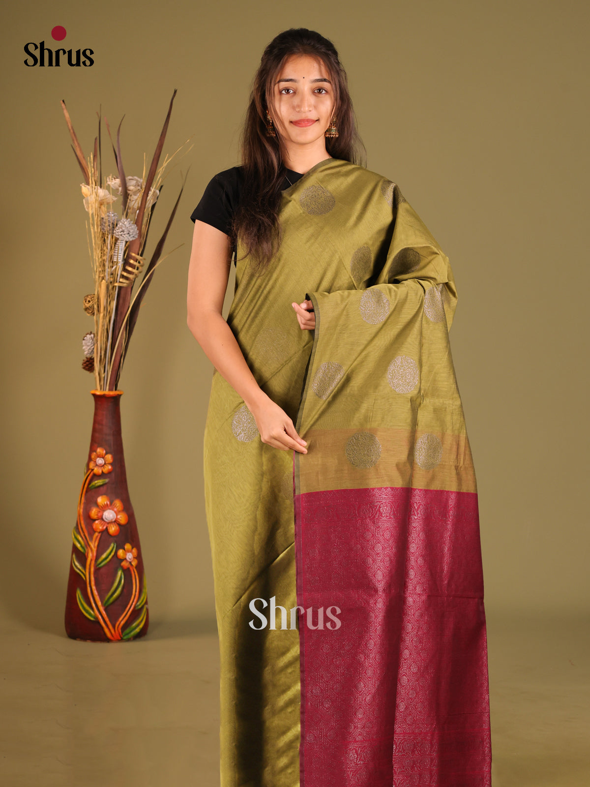 Green & Maroon - Semi Silkcotton Saree - Shop on Shrus.com