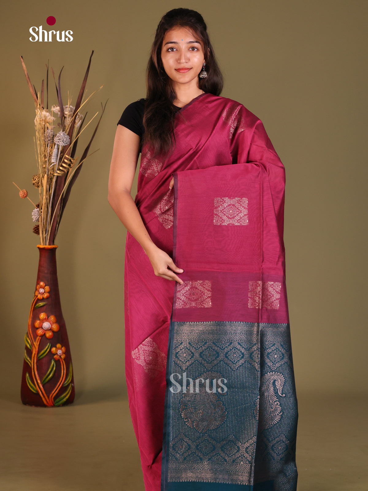 Maroon & Blue - Semi Silkcotton Saree - Shop on Shrus.com