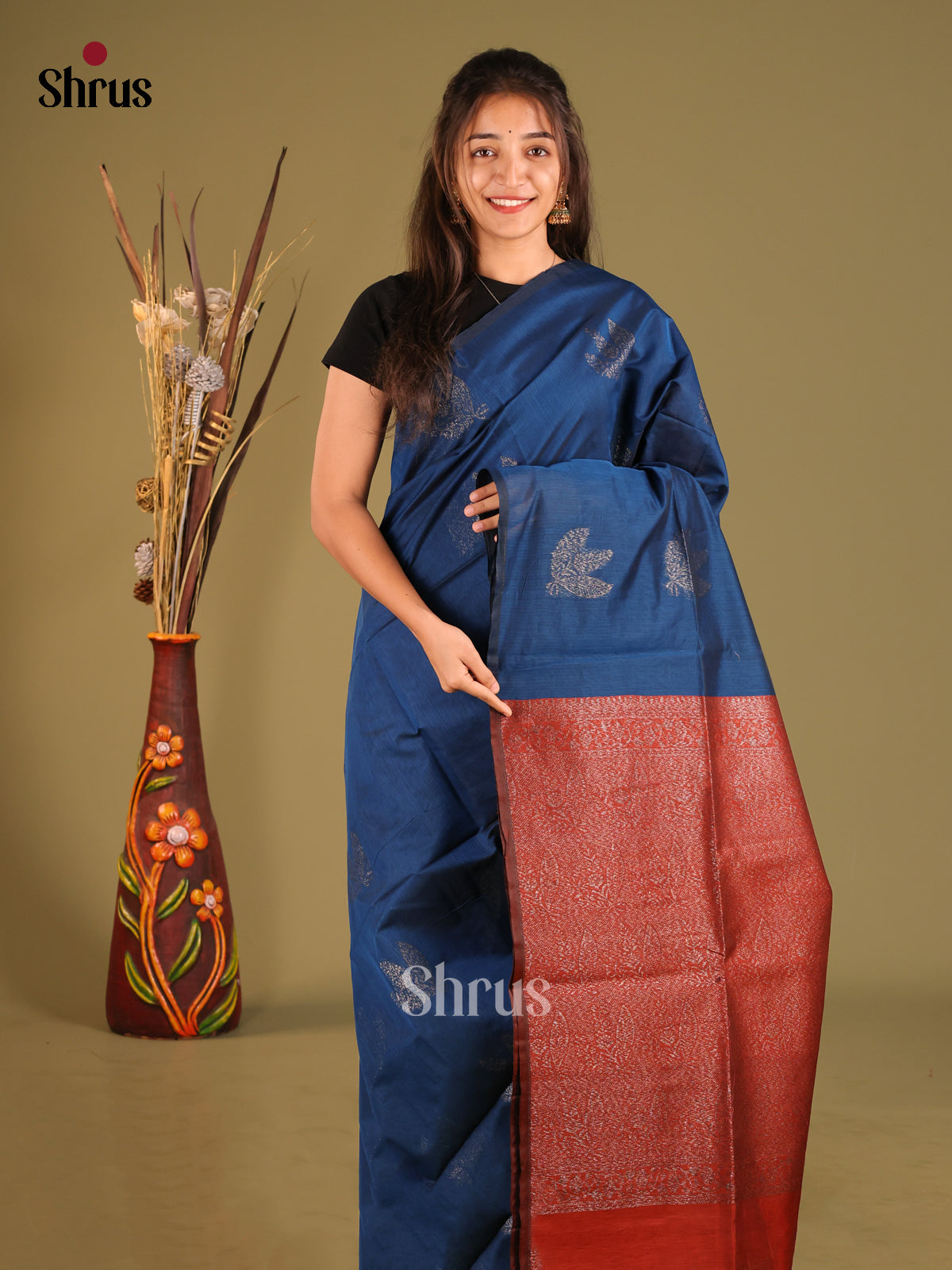 Blue & Maroon - Semi Silkcotton Saree