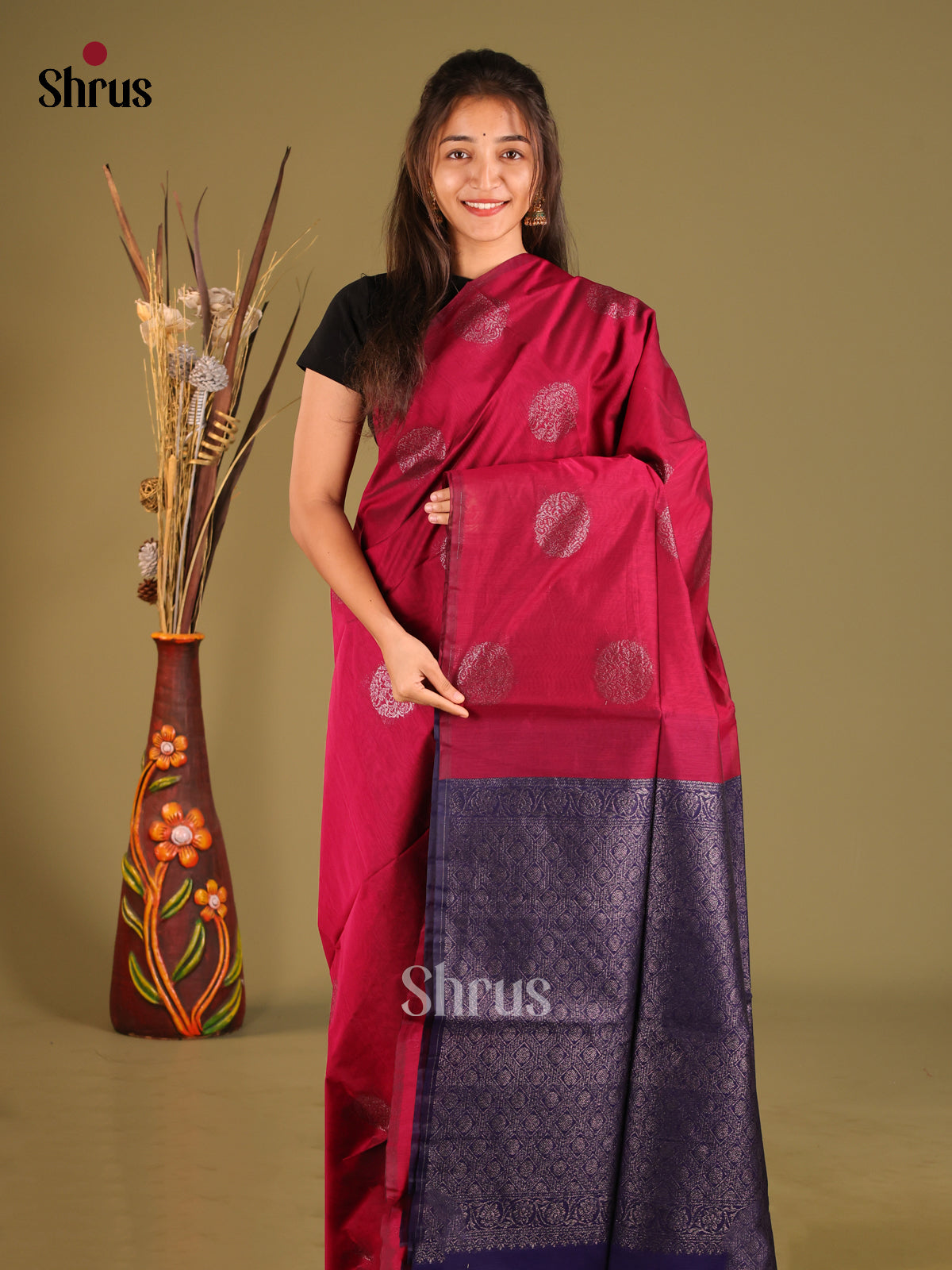 Maroon & Blue - Semi Silkcotton Saree - Shop on Shrus.com