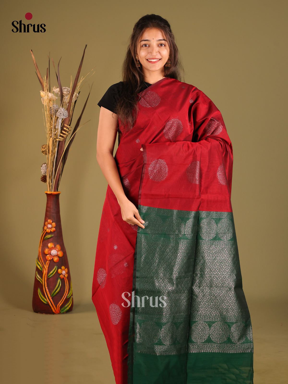 Red & Green - Semi Silkcotton Saree - Shop on Shrus.com