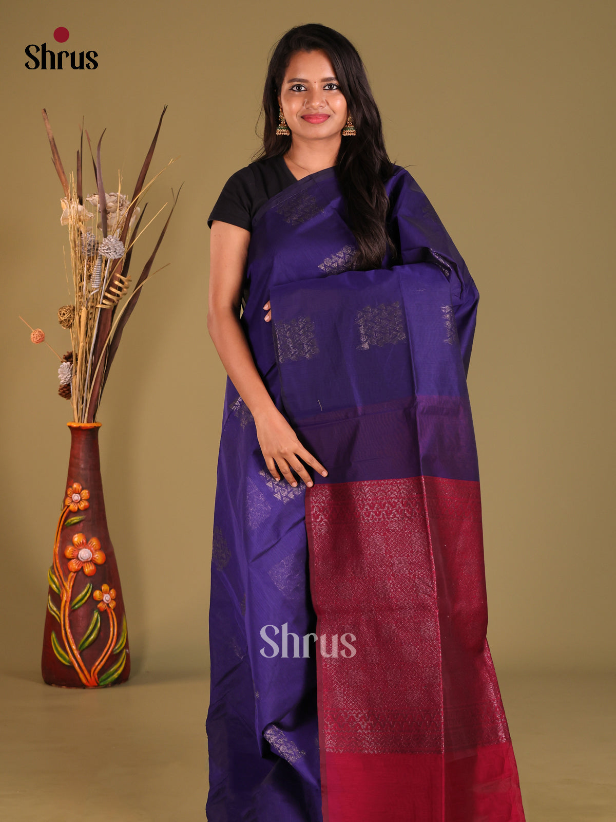 Blue & Maroon- Semi Silkcotton Saree