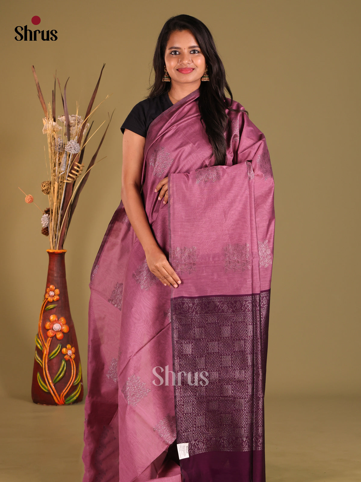 Pink & Purple - Semi Silkcotton Saree - Shop on Shrus.com