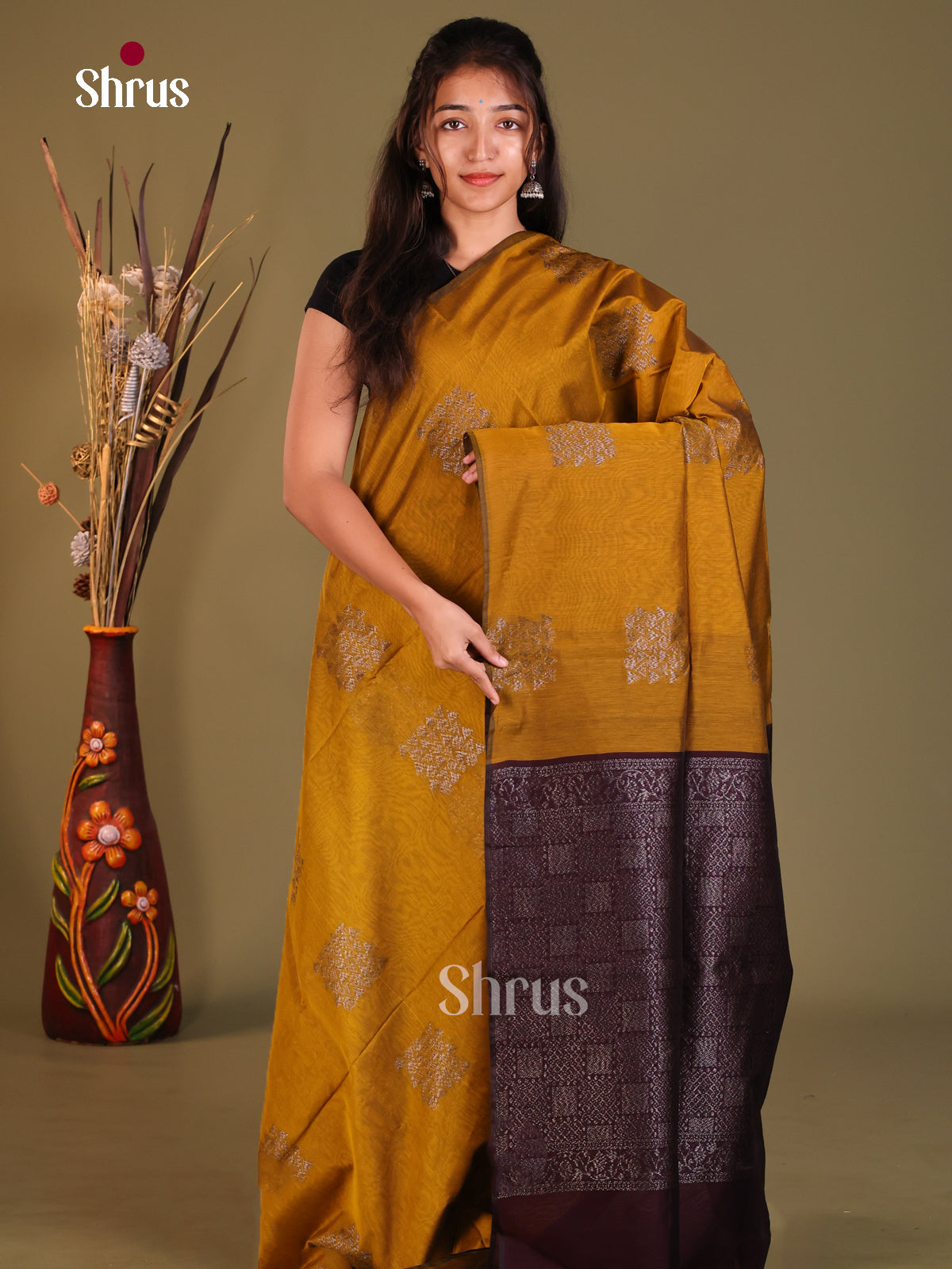 Deep Mustard & maroon - Semi Silkcotton Saree - Shop on Shrus.com