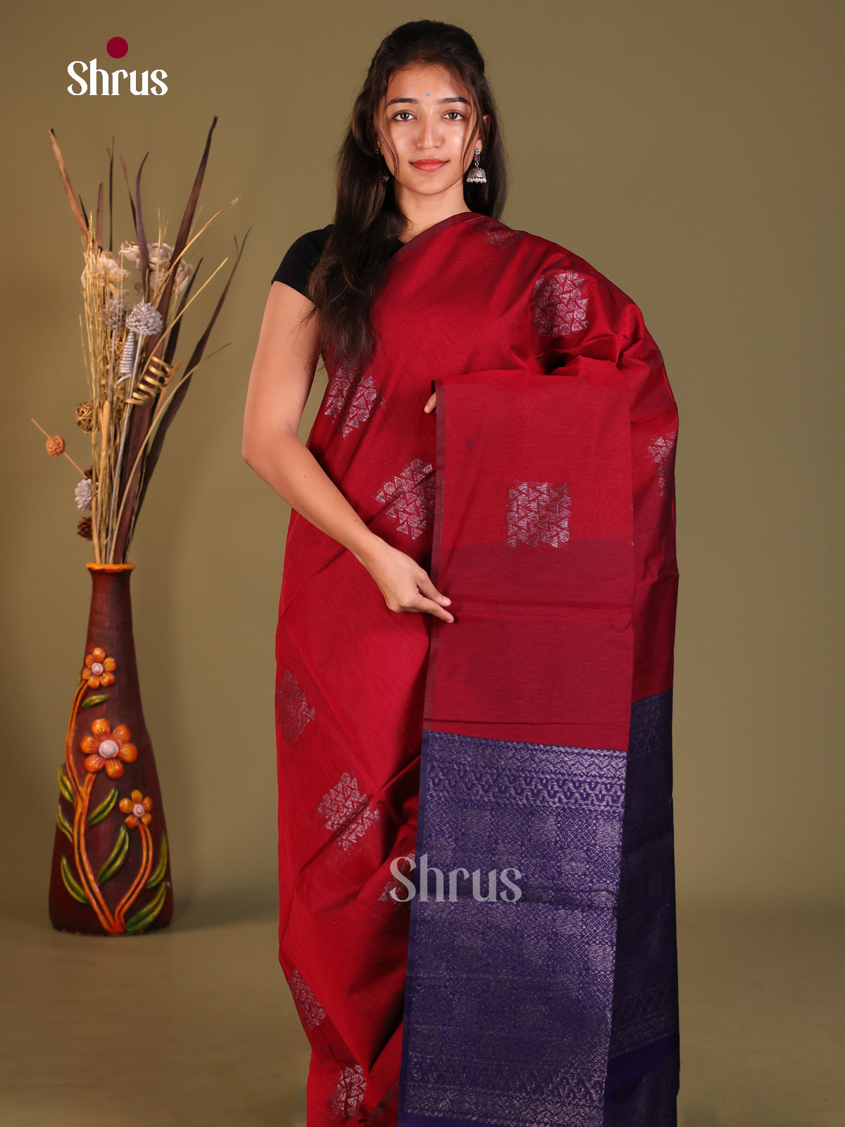 Red & Blue - Semi Silkcotton Saree - Shop on Shrus.com
