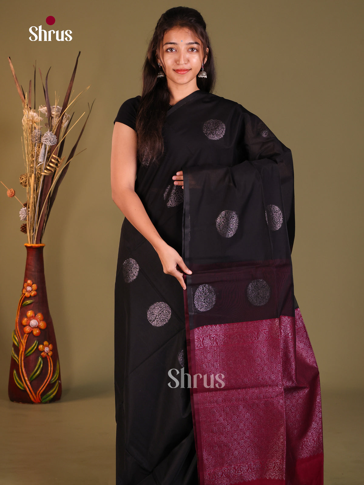 Black & Maroon - Semi Silkcotton Saree