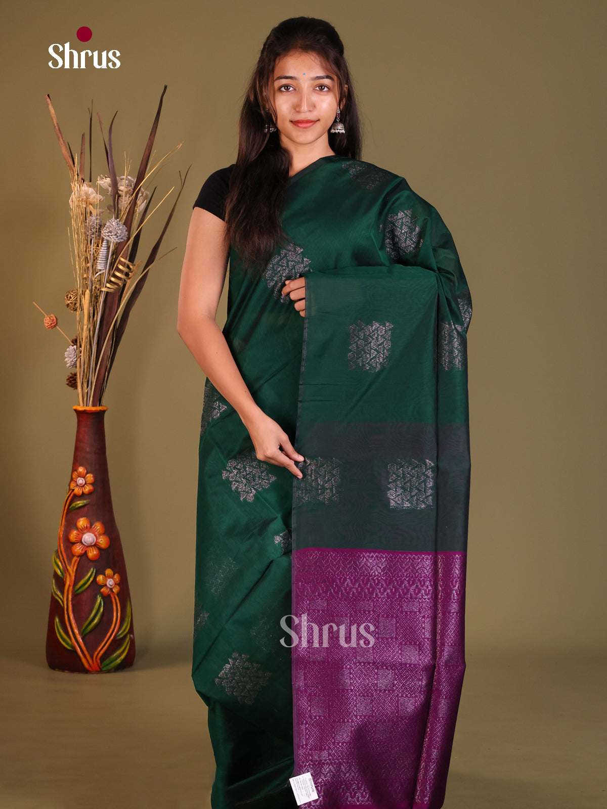 Green & Purple - Semi Silkcotton Saree - Shop on Shrus.com