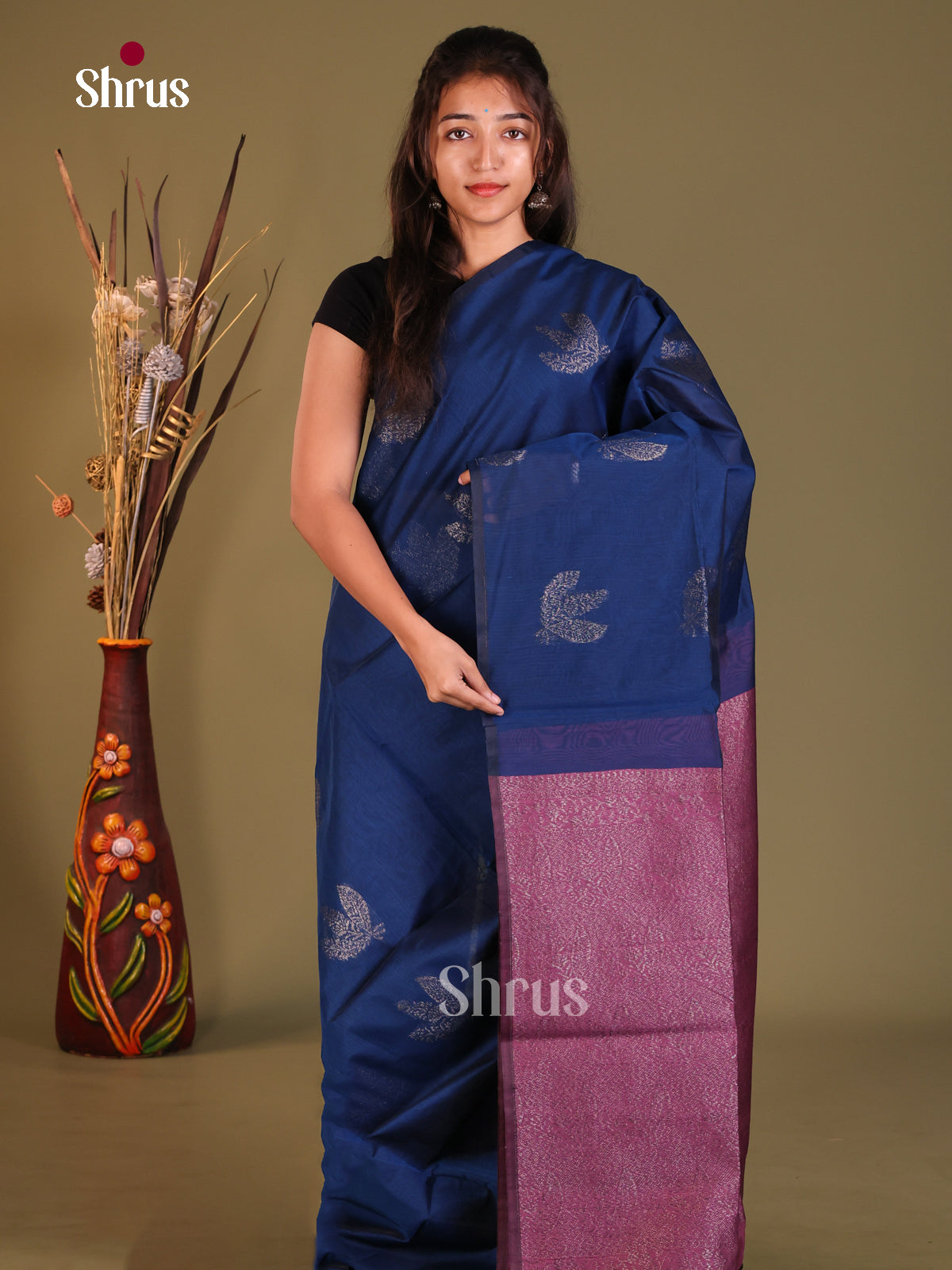 Blue & Maroon - Semi Silkcotton Saree