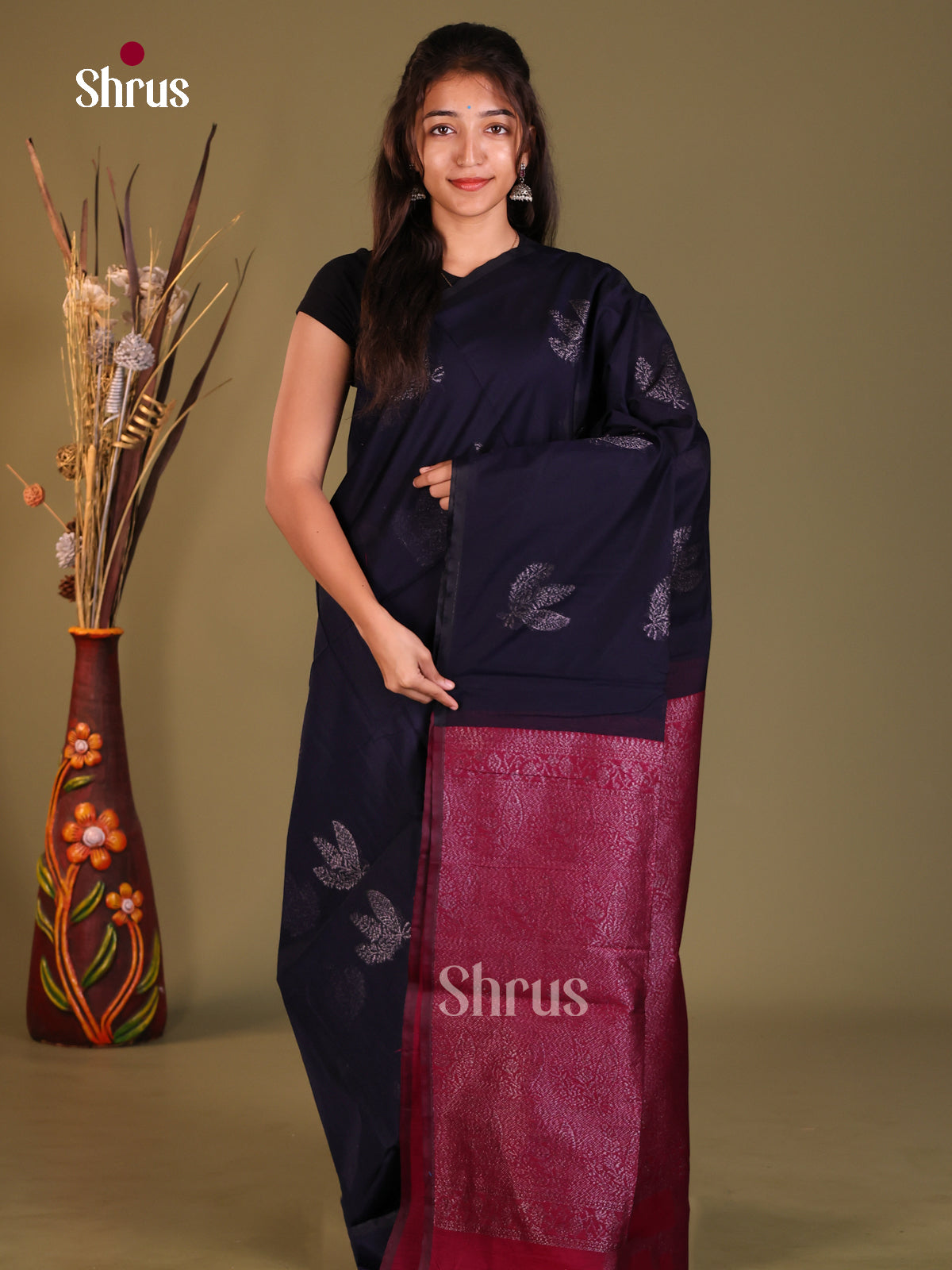 Blue & Maroon - Semi Silkcotton Saree