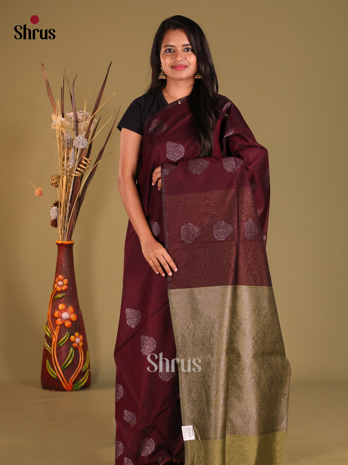 Maroon & Green- Semi Silkcotton Saree - Shop on Shrus.com