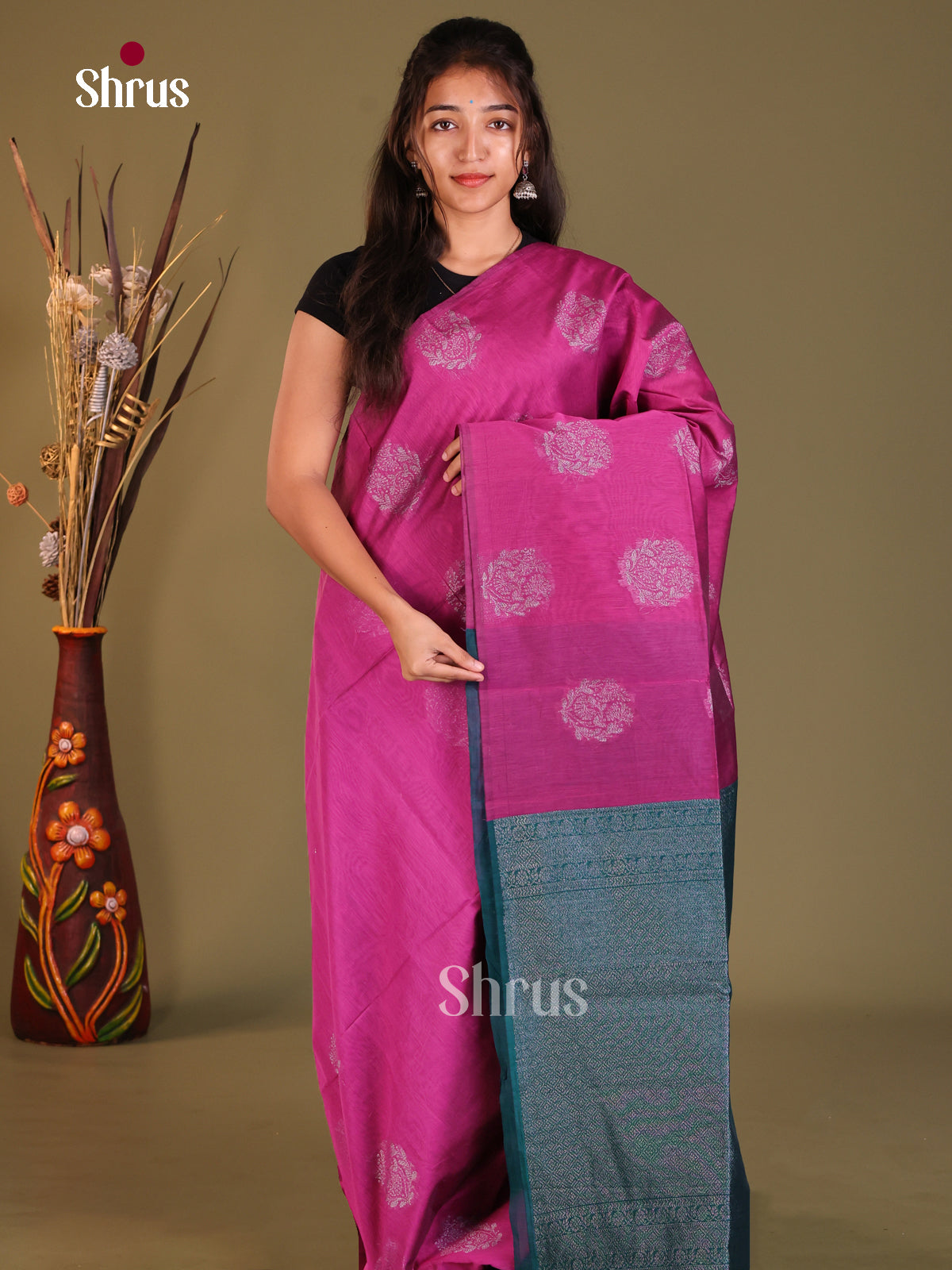 Pink & Blue - Semi Silkcotton Saree - Shop on Shrus.com