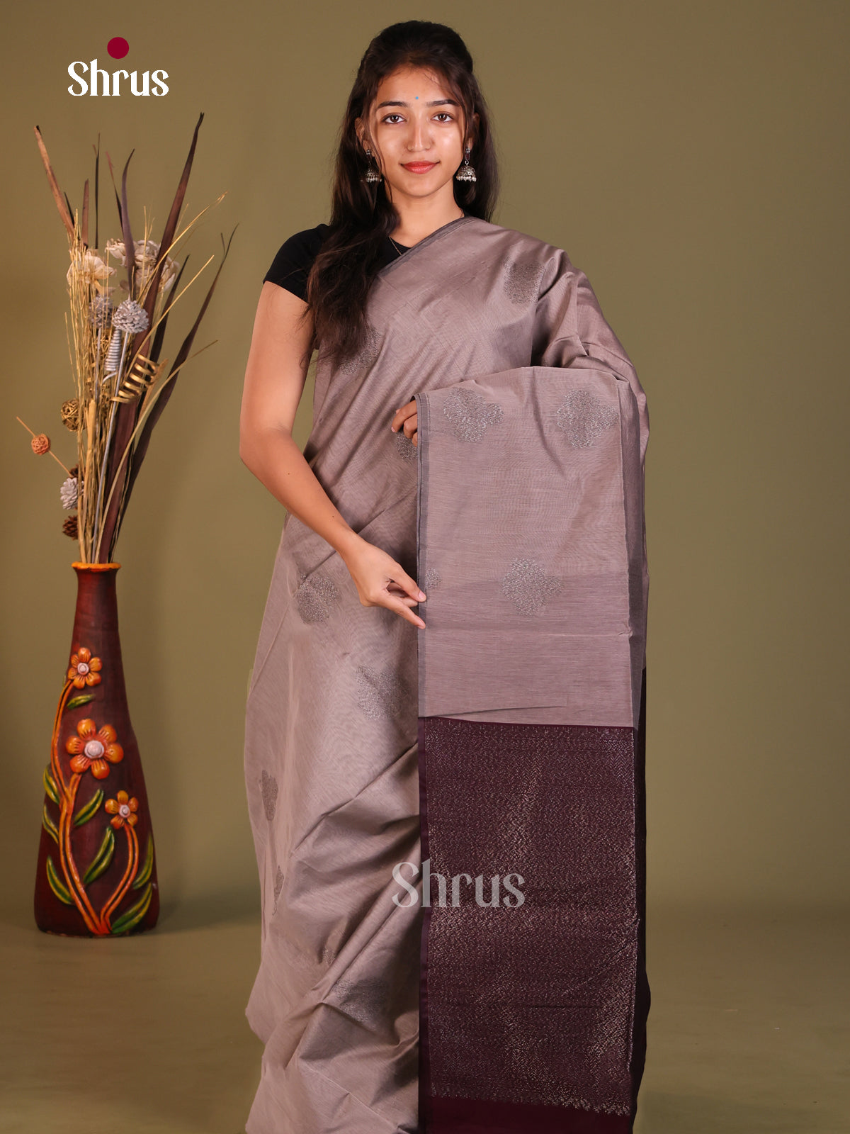 Grey & Maroon- Semi Silkcotton Saree - Shop on Shrus.com