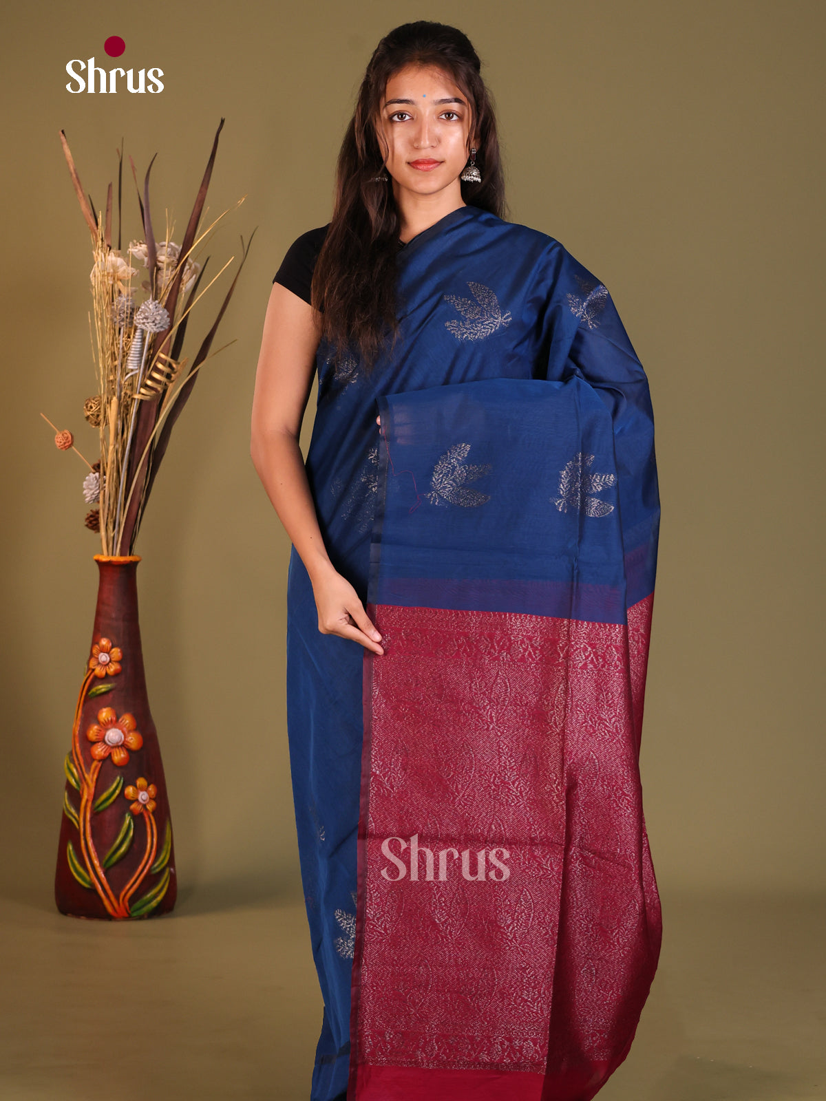 Blue & Maroon - Semi Silkcotton Saree