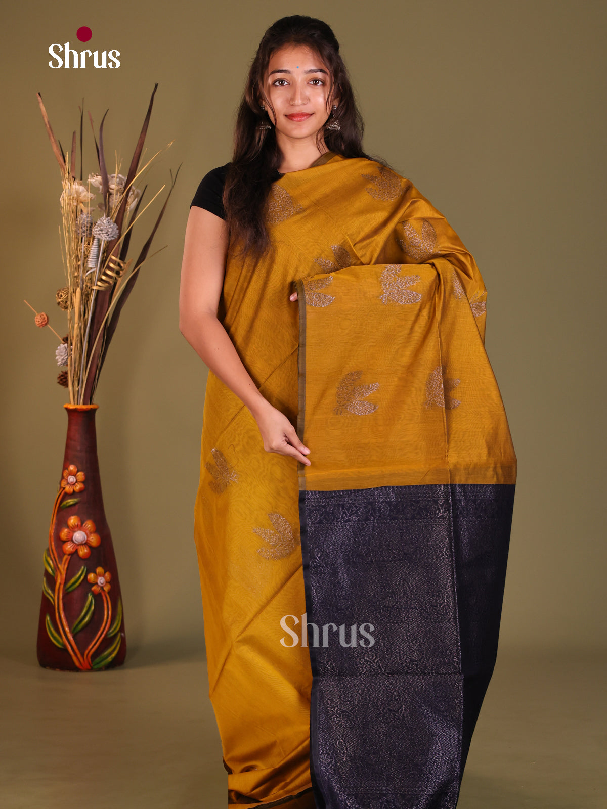 Mustardy Green & Blue - Semi Silkcotton Saree - Shop on Shrus.com